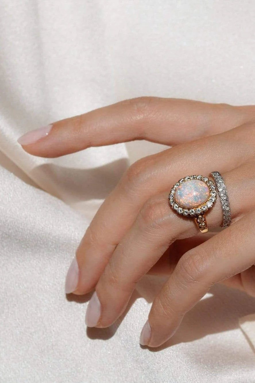 J.E. Caldwell Edwardian Opal Cabochon & Diamond Cluster Ring, America - Image 3