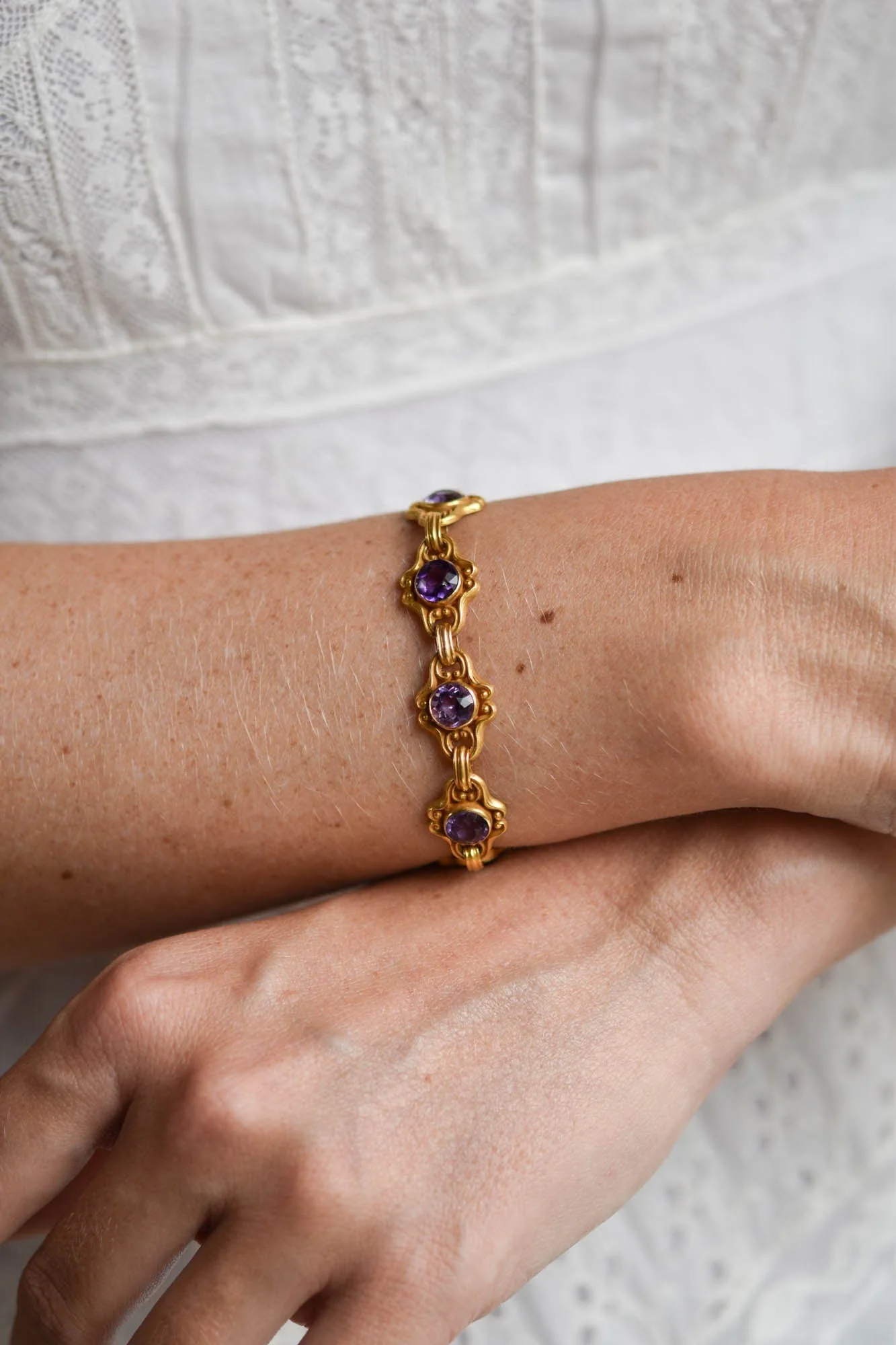 Krementz Antique Edwardian Amethyst & Gold Link Bracelet, America - Image 3