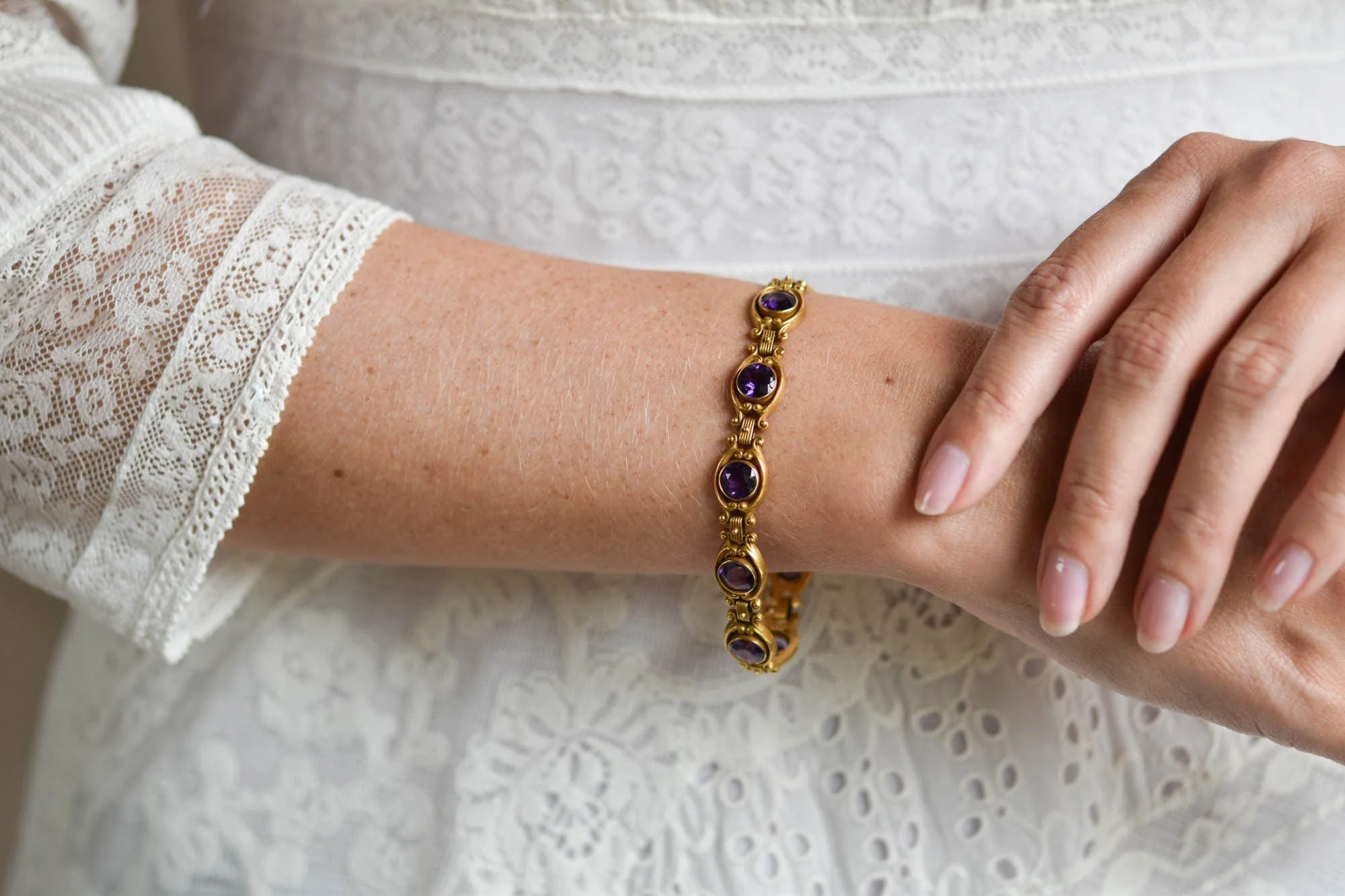 Krementz Antique Edwardian Amethyst & Gold Link Bracelet, America - Image 2