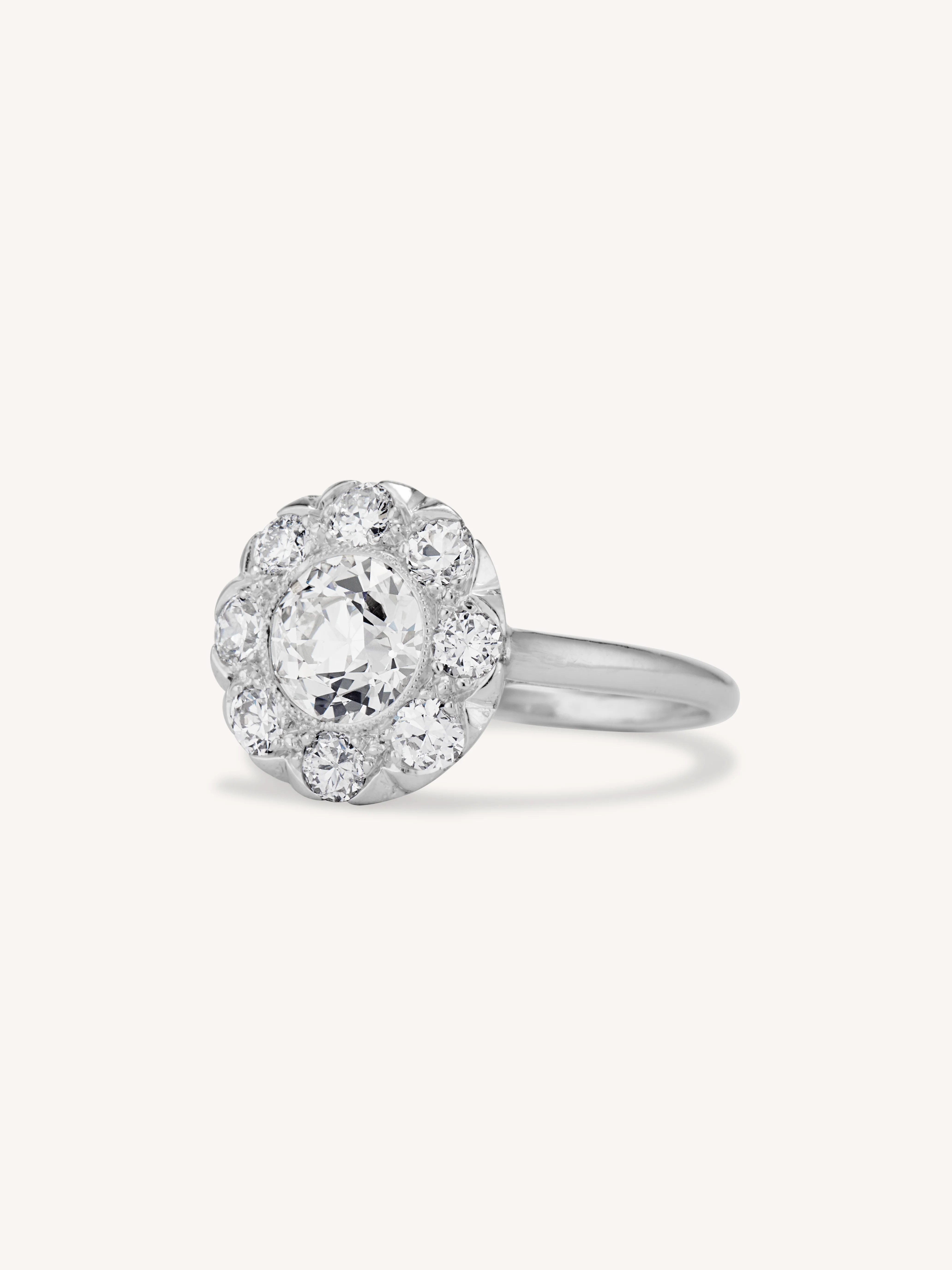 Late Art Deco 1.36 Carat Transitional Cut Diamond Cluster Vintage Engagement Ring - Image 4