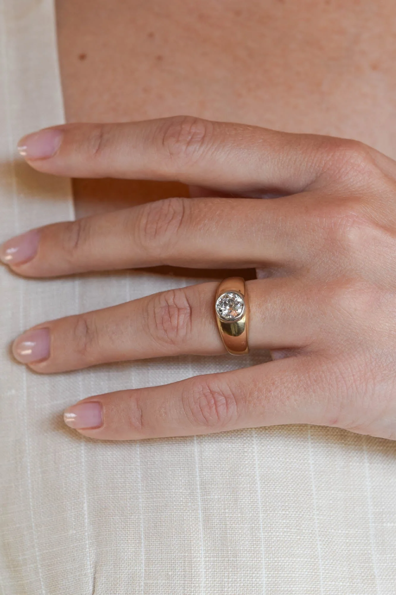 Late Art Deco Bezel Set Old Mine Cushion Diamond Solitaire Flush Mount Vintage Engagement Ring - Image 6