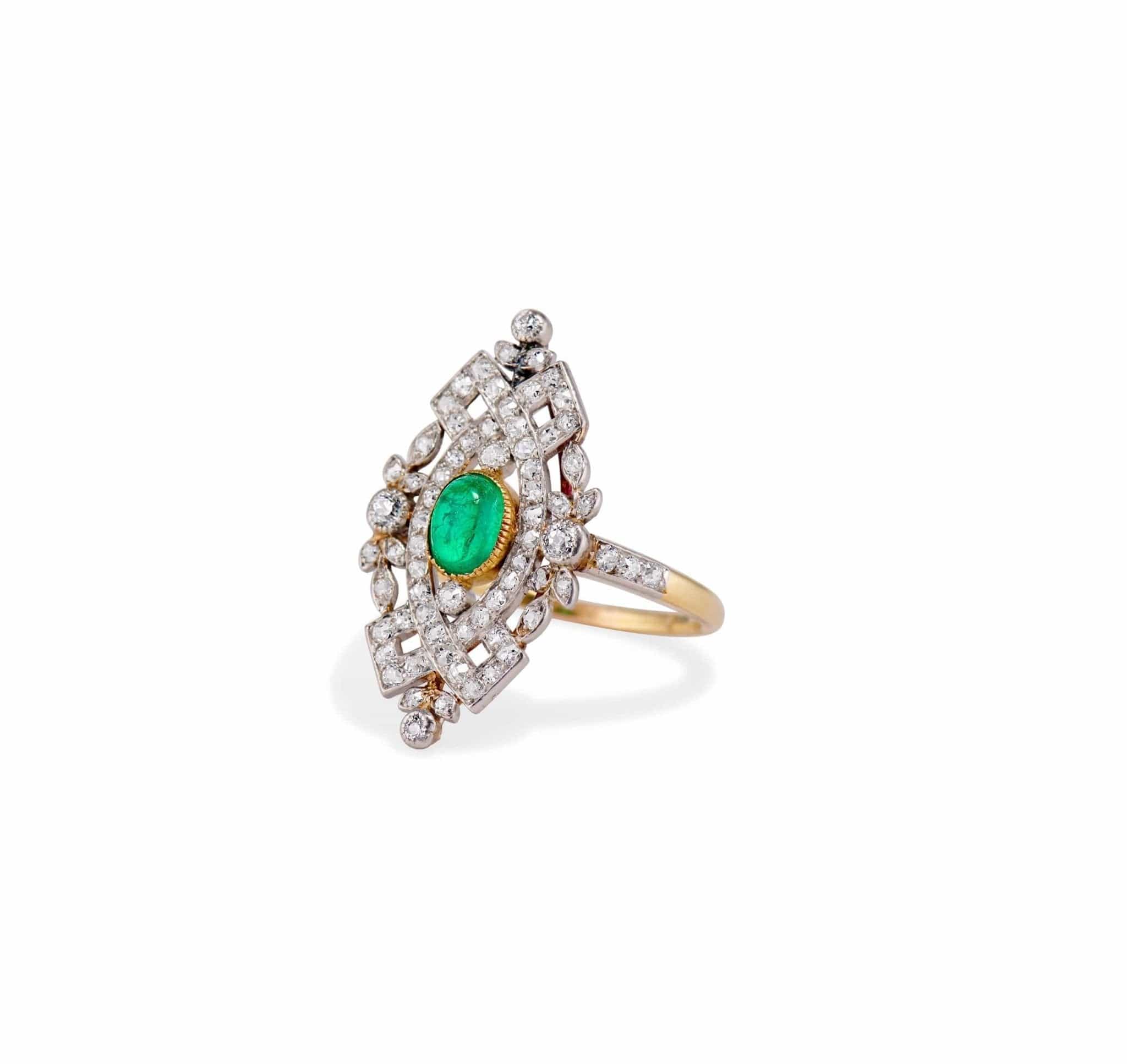 Late Edwardian .50 Carat Cabochon Emerald and Diamond Navette, France - Image 2