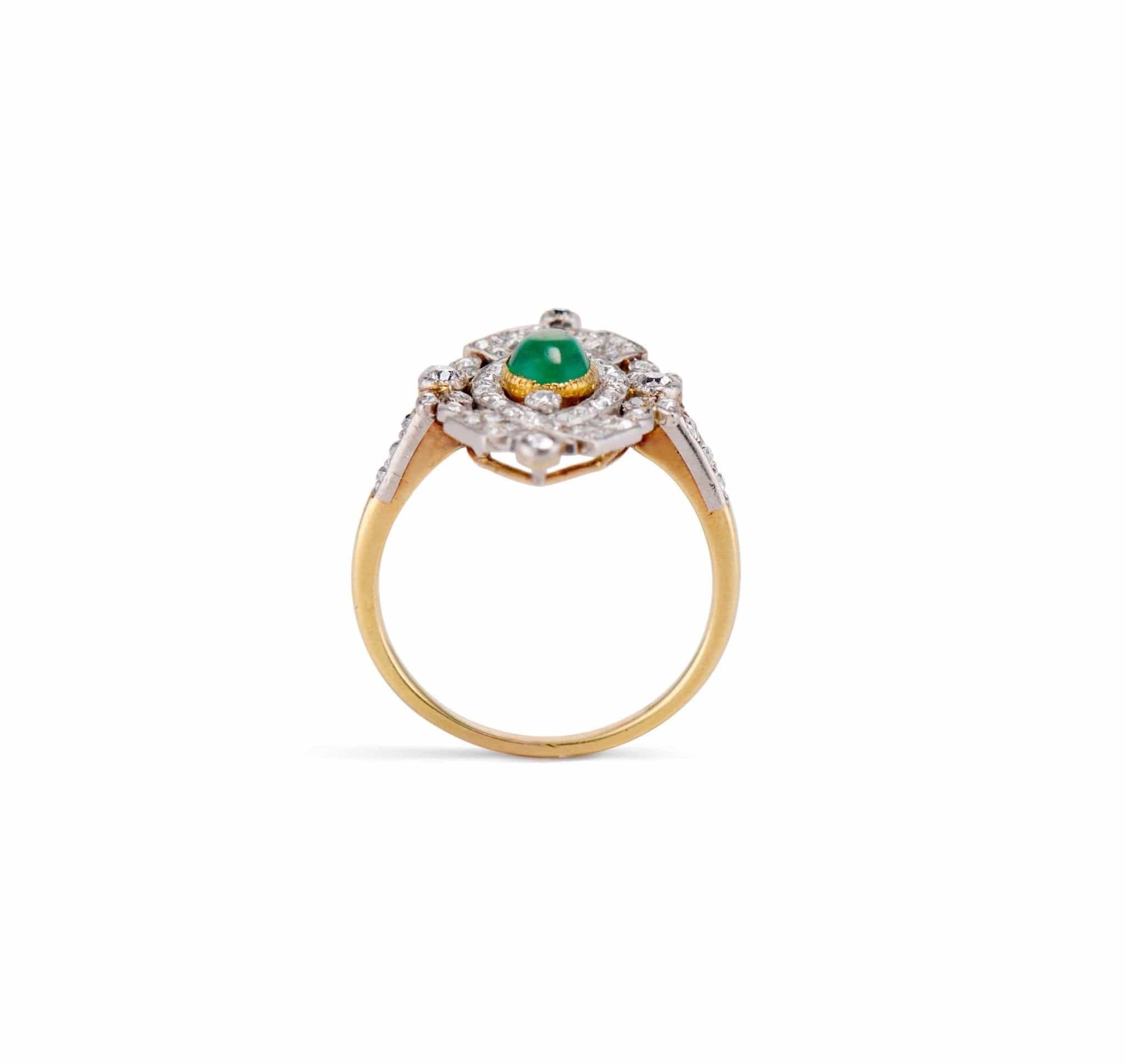 Late Edwardian .50 Carat Cabochon Emerald and Diamond Navette, France - Image 4