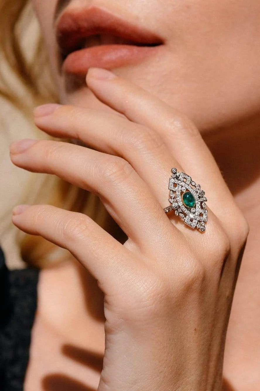 Late Edwardian .50 Carat Cabochon Emerald and Diamond Navette, France - Image 5
