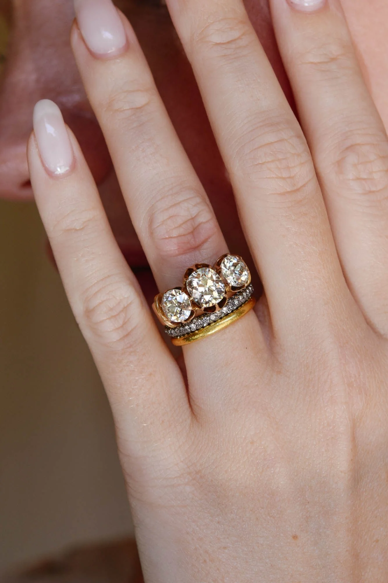 Late Victorian 1.66 Carat Old Mine Cushion Cut Three Stone Antique Diamond Engagement Ring - Image 6