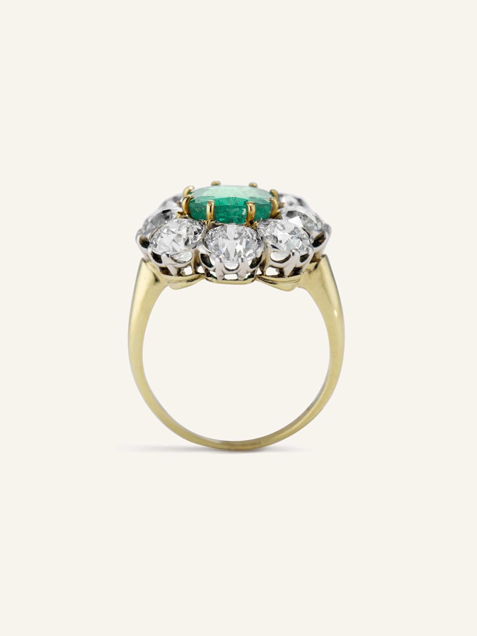 Late Victorian 2.70 Carat Emerald and Diamond Cluster Antique Engagement Ring - Image 5