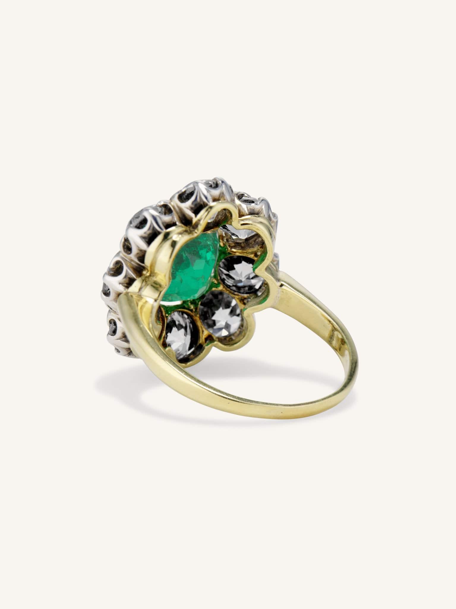 Late Victorian 2.70 Carat Emerald and Diamond Cluster Antique Engagement Ring - Image 6