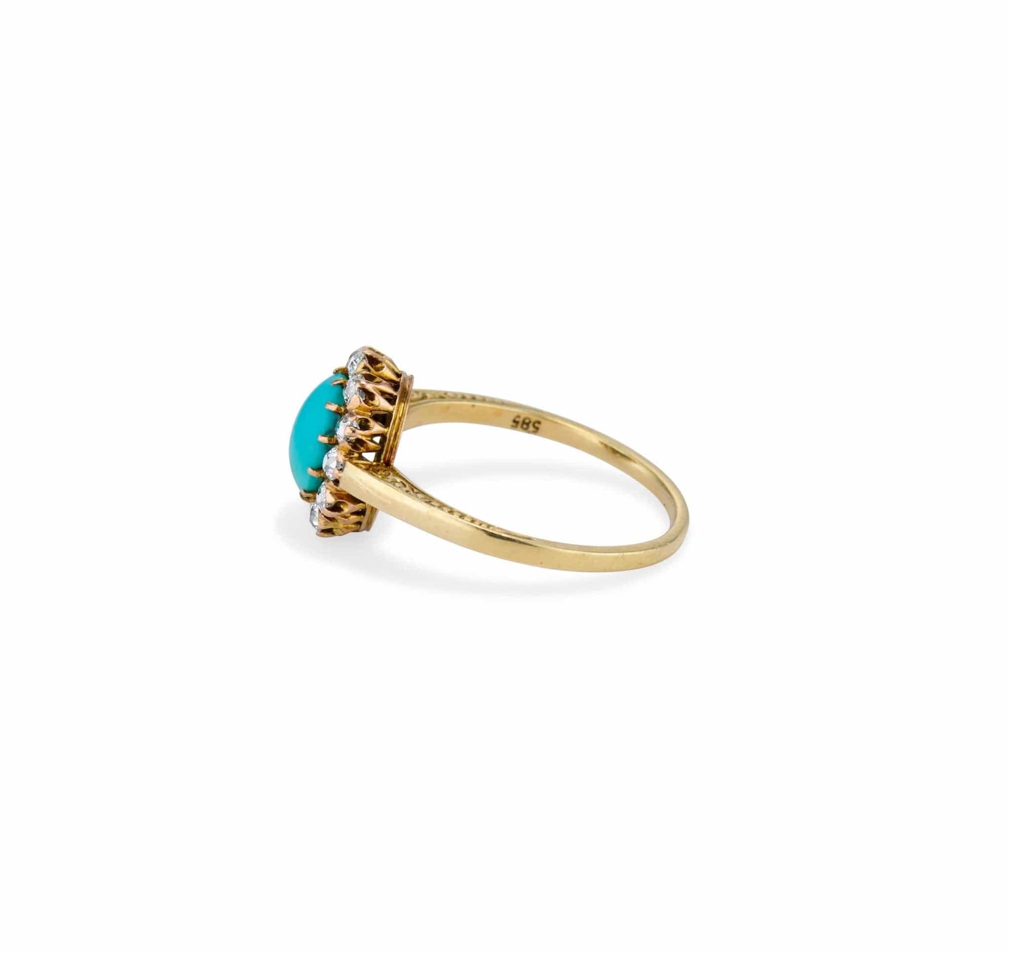 Late Victorian .90 Turquoise Cabochon and Diamond Cluster Ring - Image 3