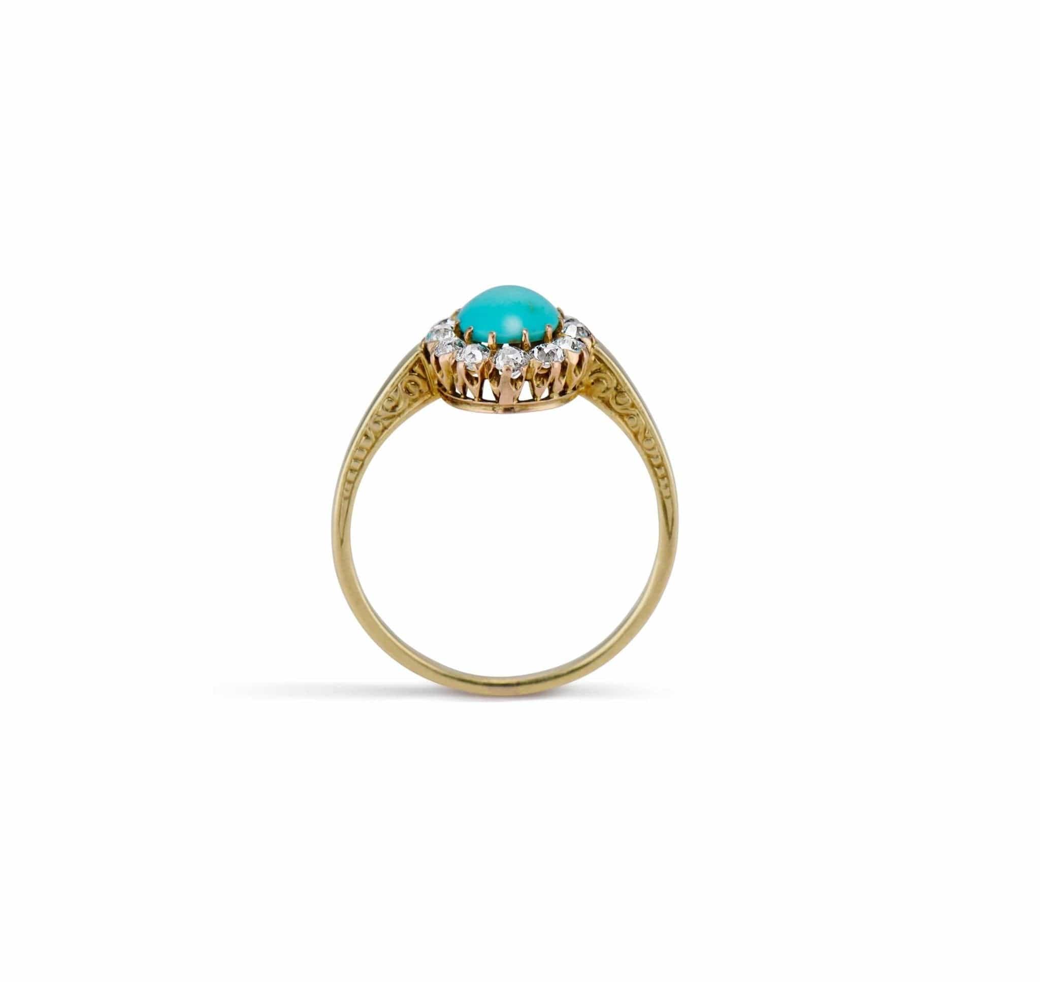 Late Victorian .90 Turquoise Cabochon and Diamond Cluster Ring - Image 4