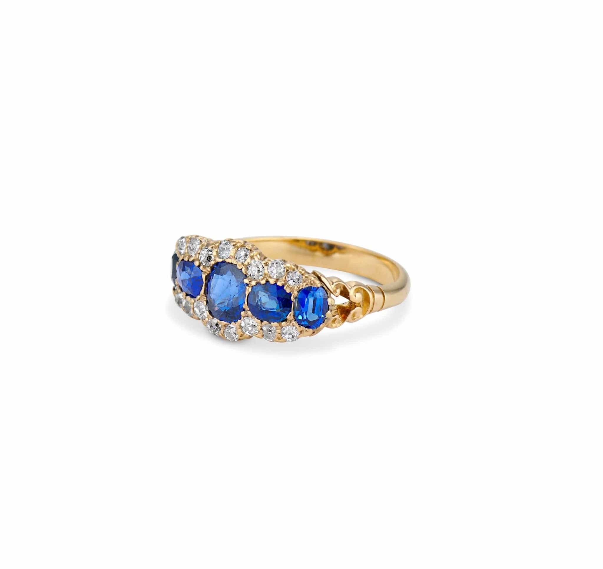 Late Victorian Cushion-Cut Sapphire and Diamond & Gold 5-Stone Ring - Image 2