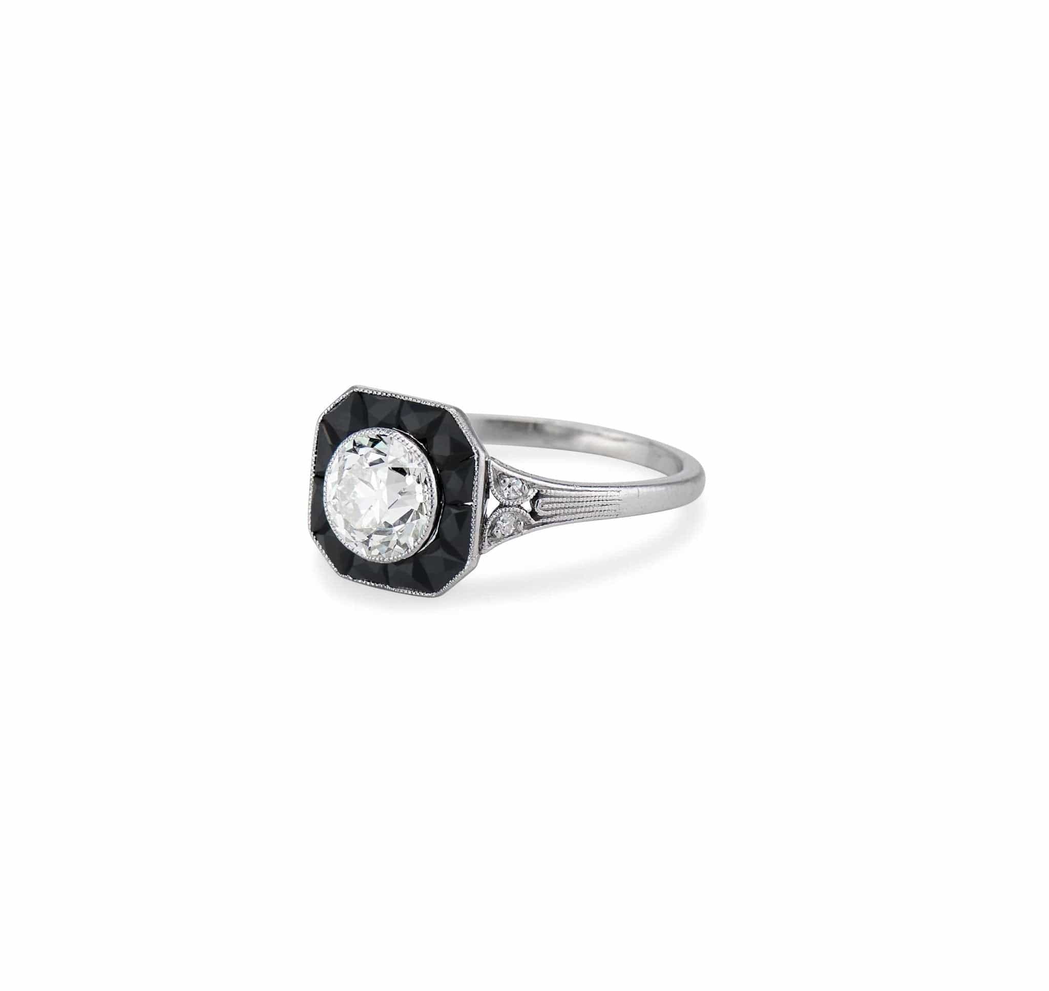 Marcus & Co. Art Deco Onyx and .98 Carat Old European Diamond Engagement Ring - Image 2