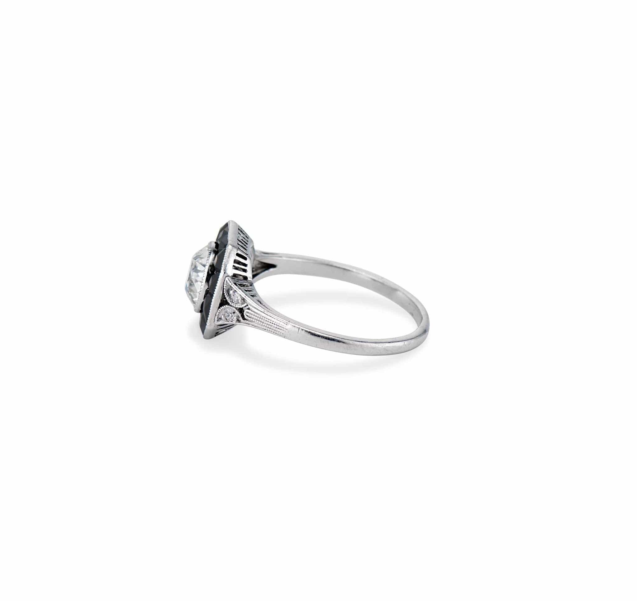 Marcus & Co. Art Deco Onyx and .98 Carat Old European Diamond Engagement Ring - Image 3