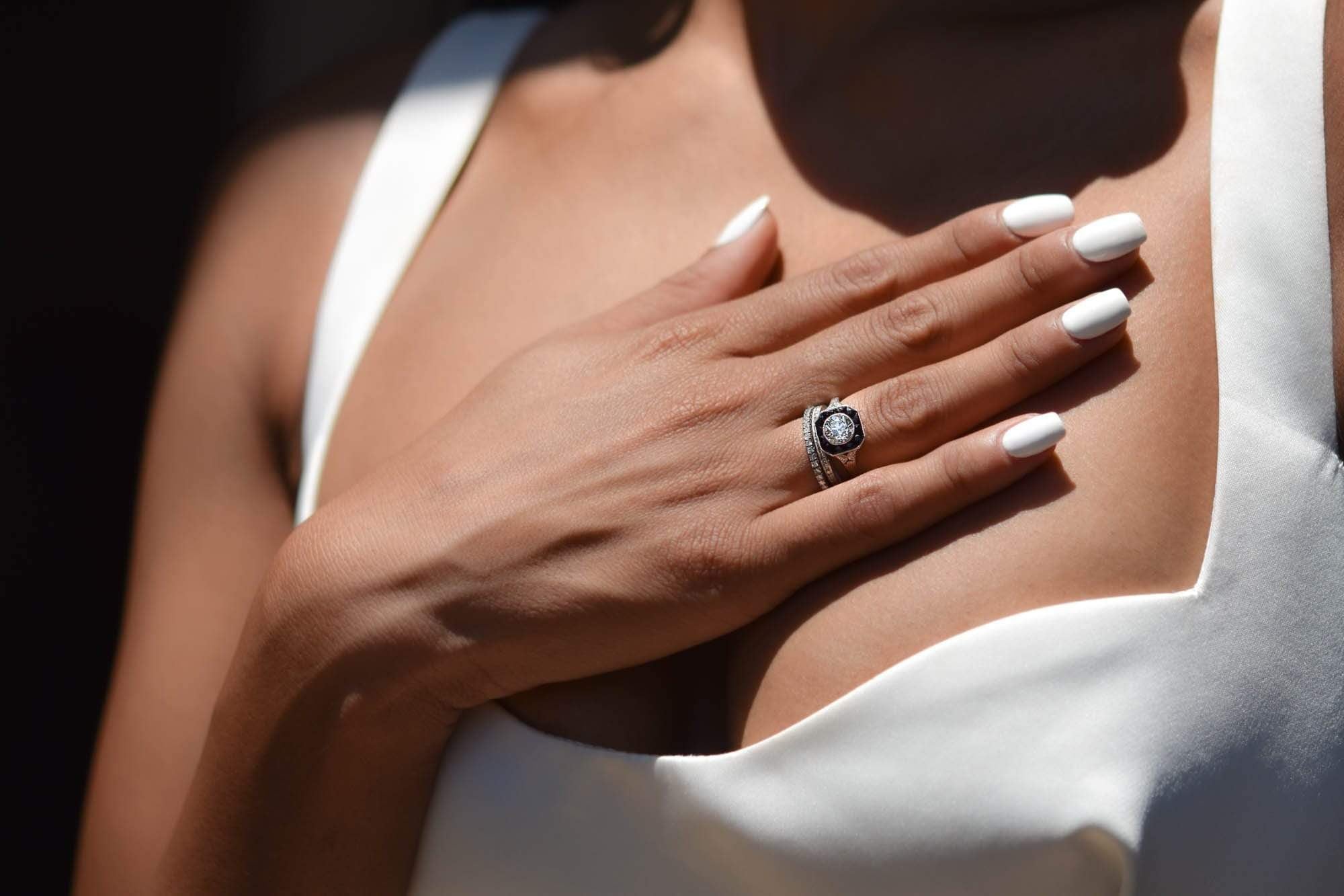 Marcus & Co. Art Deco Onyx and .98 Carat Old European Diamond Engagement Ring - Image 5