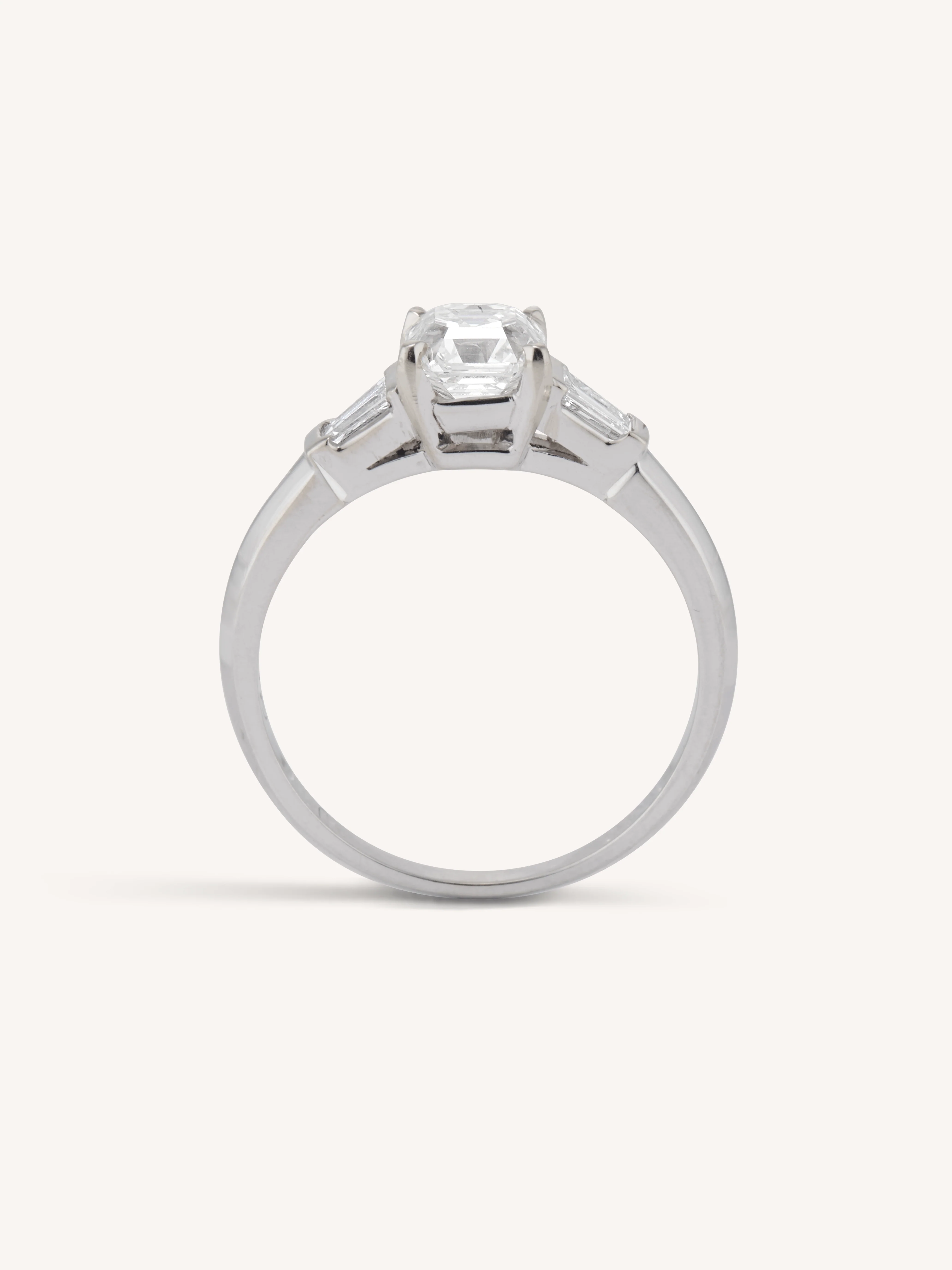 Mid-Century 1.04 Carat Asscher Cut Diamond Three Stone White Gold Engagement Ring - Image 4