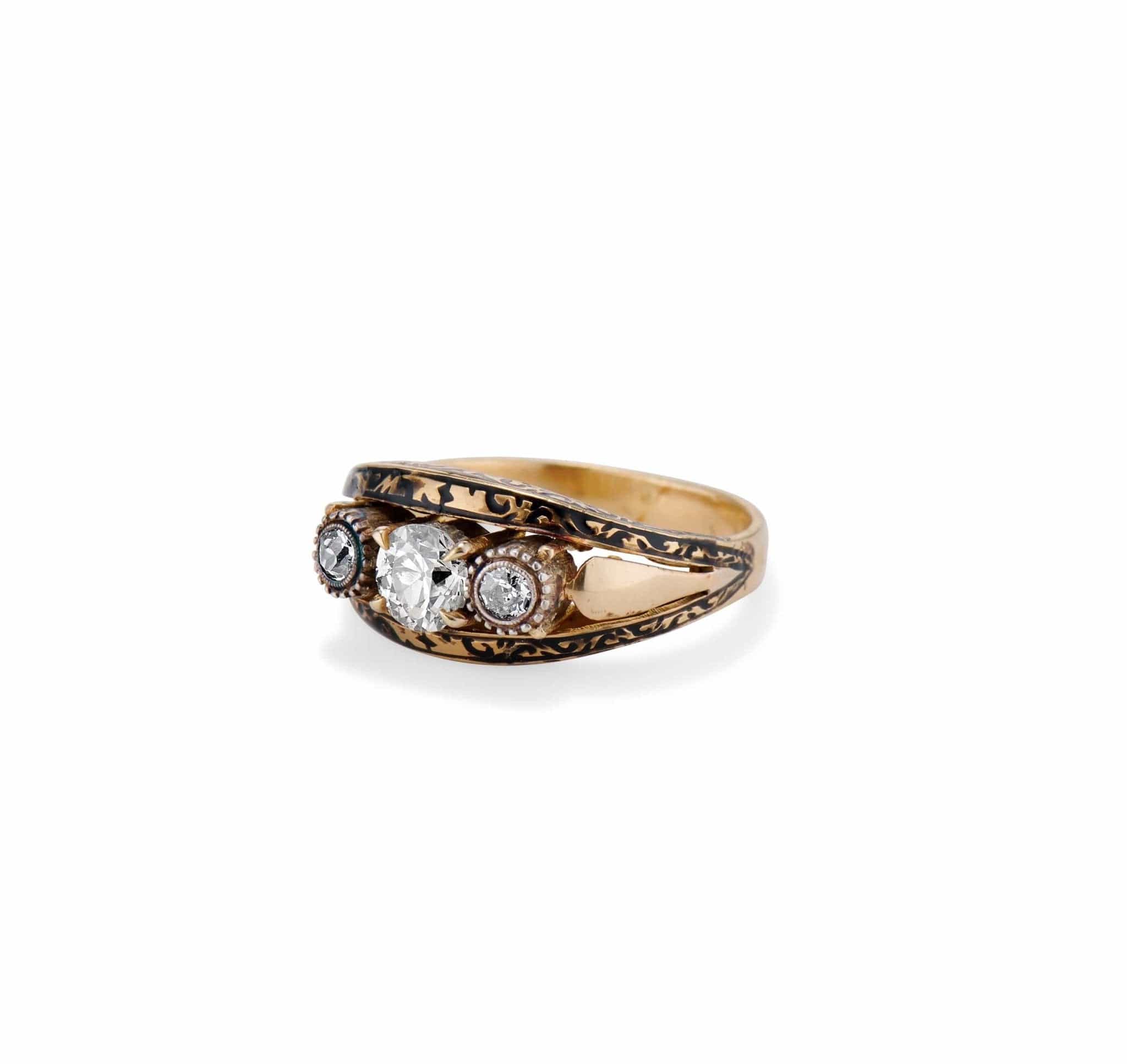 Mid-Century .46 Carat Old European Diamond Three-Stone Enamel Ring, Portugal - Image 2