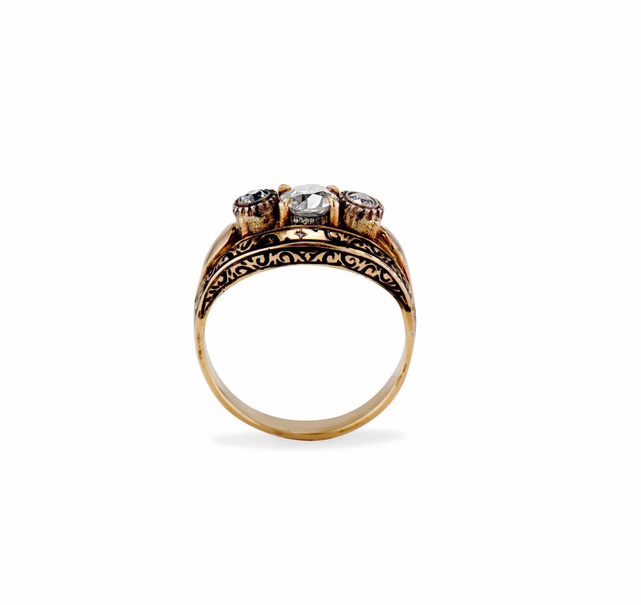 Mid-Century .46 Carat Old European Diamond Three-Stone Enamel Ring, Portugal - Image 5