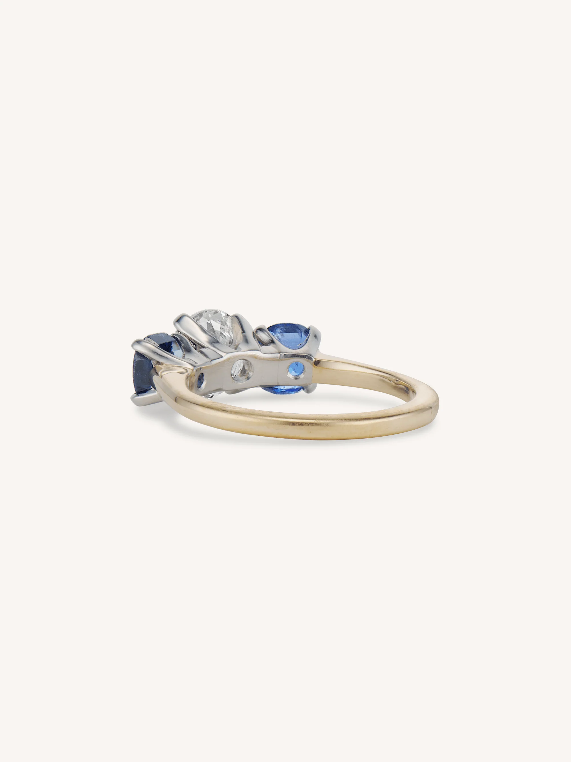 Mid Century Old European Cut Diamond & Sapphire Three Stone Vintage Engagement Ring - Image 5