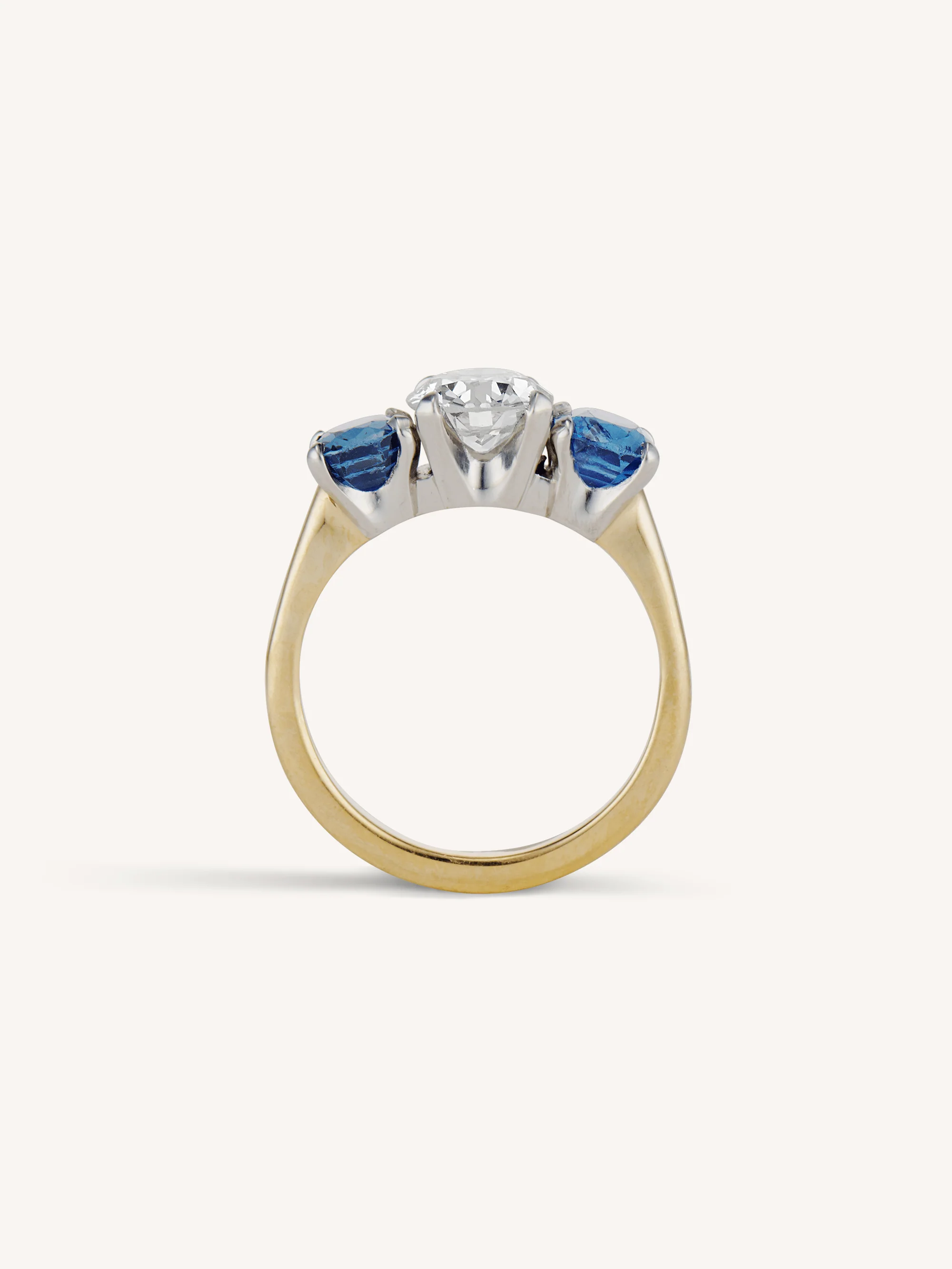 Mid Century Old European Cut Diamond & Sapphire Three Stone Vintage Engagement Ring - Image 6