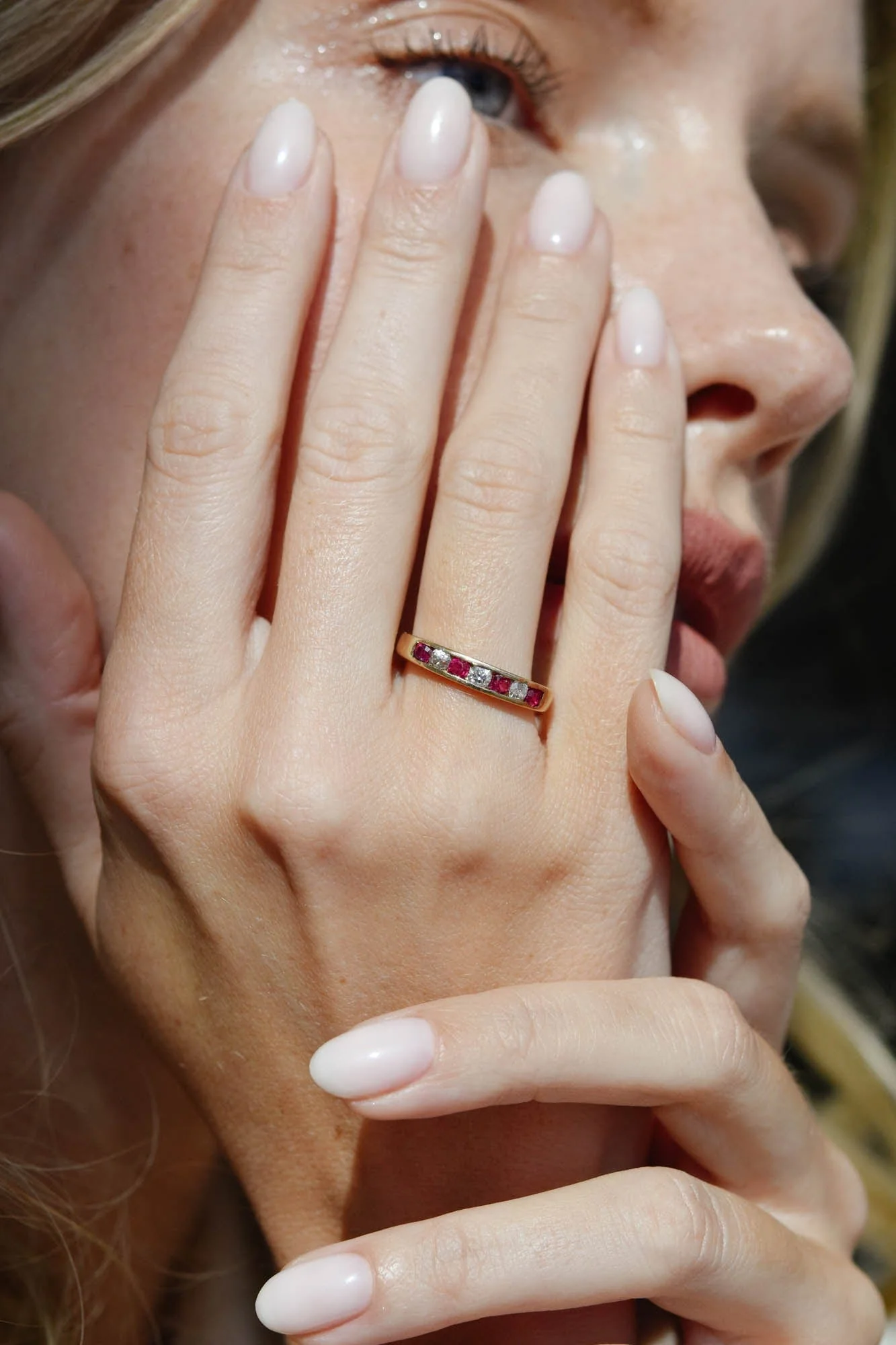 Midcentury Ruby & Diamond Half Band Size 7 - Image 3