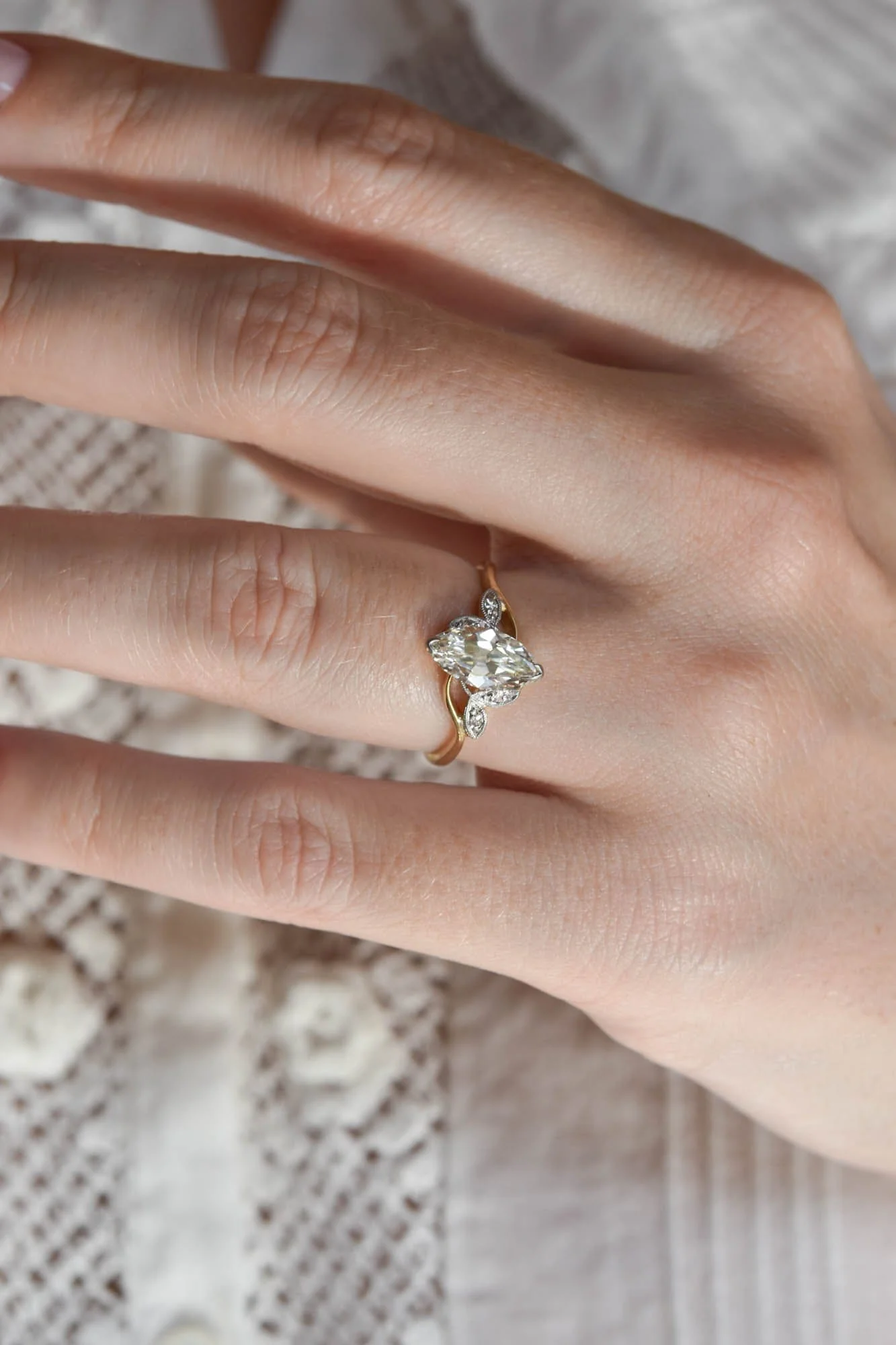 Edwardian 1.15 Carat Marquise Cut Diamond Antique Engagement Ring - Image 2