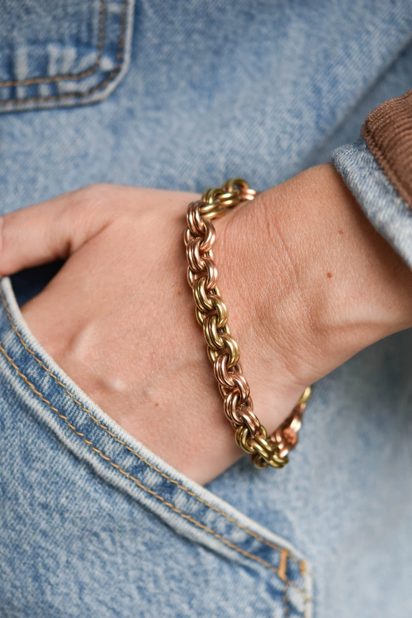 Vintage Retro 1940s Yellow & Rose Gold Rolo Link Bracelet - Image 2