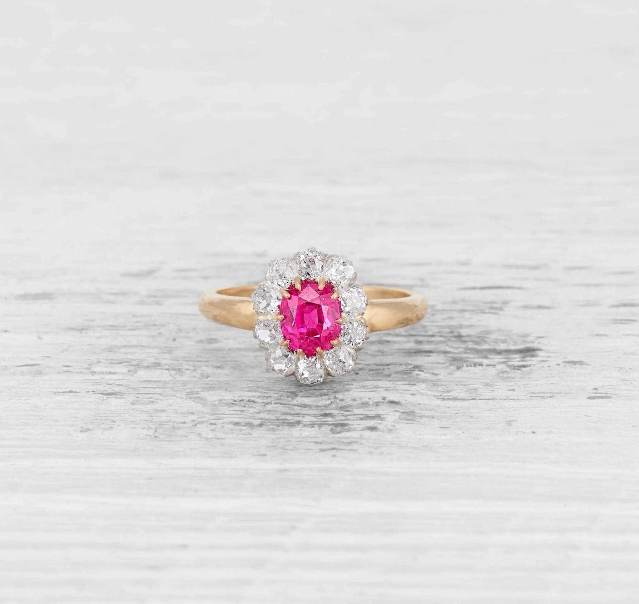 RUBY AND DIAMOND ANTIQUE CLUSTER ENGAGEMENT RING - Image 2