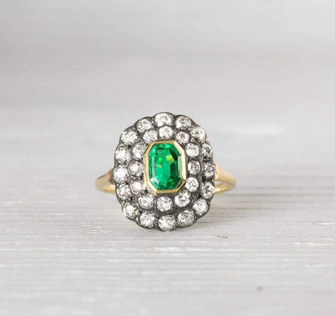 Silver on Gold Emerald & Diamond Engagement Ring - Image 2