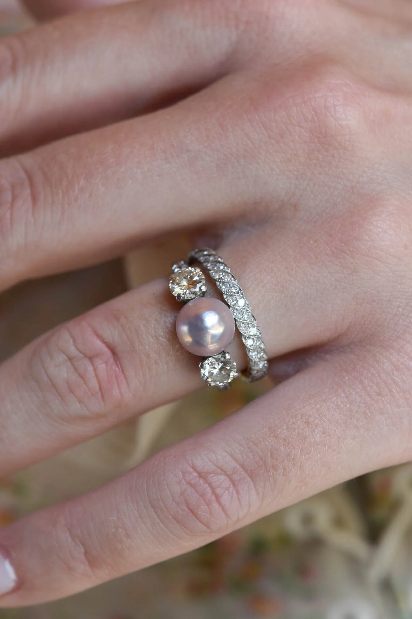Tiffany & Co. Pearl & Diamond Three Stone Vintage Engagement Ring - Image 2
