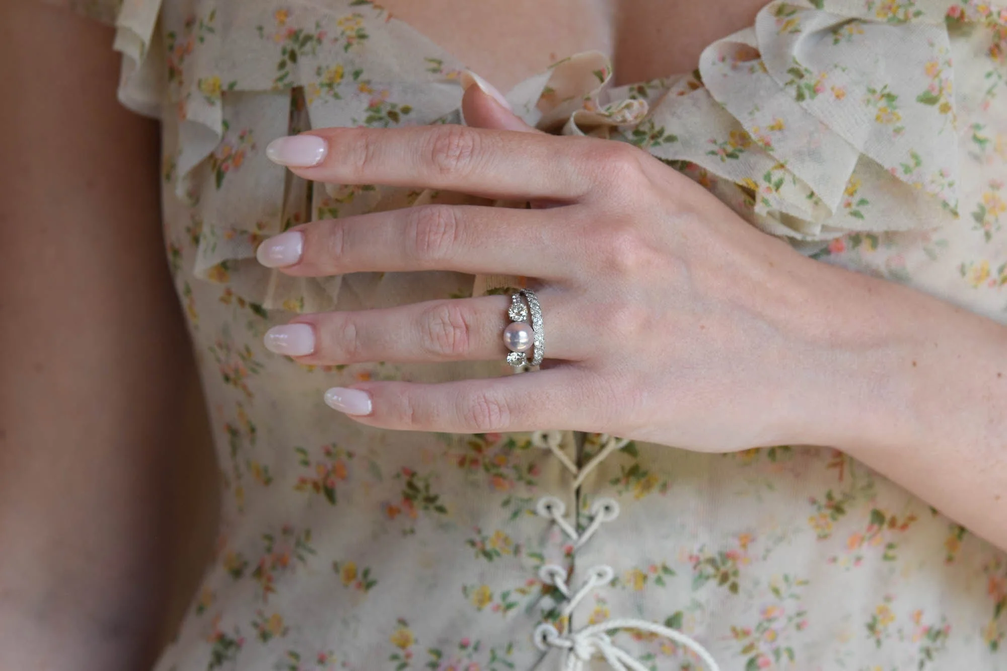 Tiffany & Co. Pearl & Diamond Three Stone Vintage Engagement Ring - Image 3