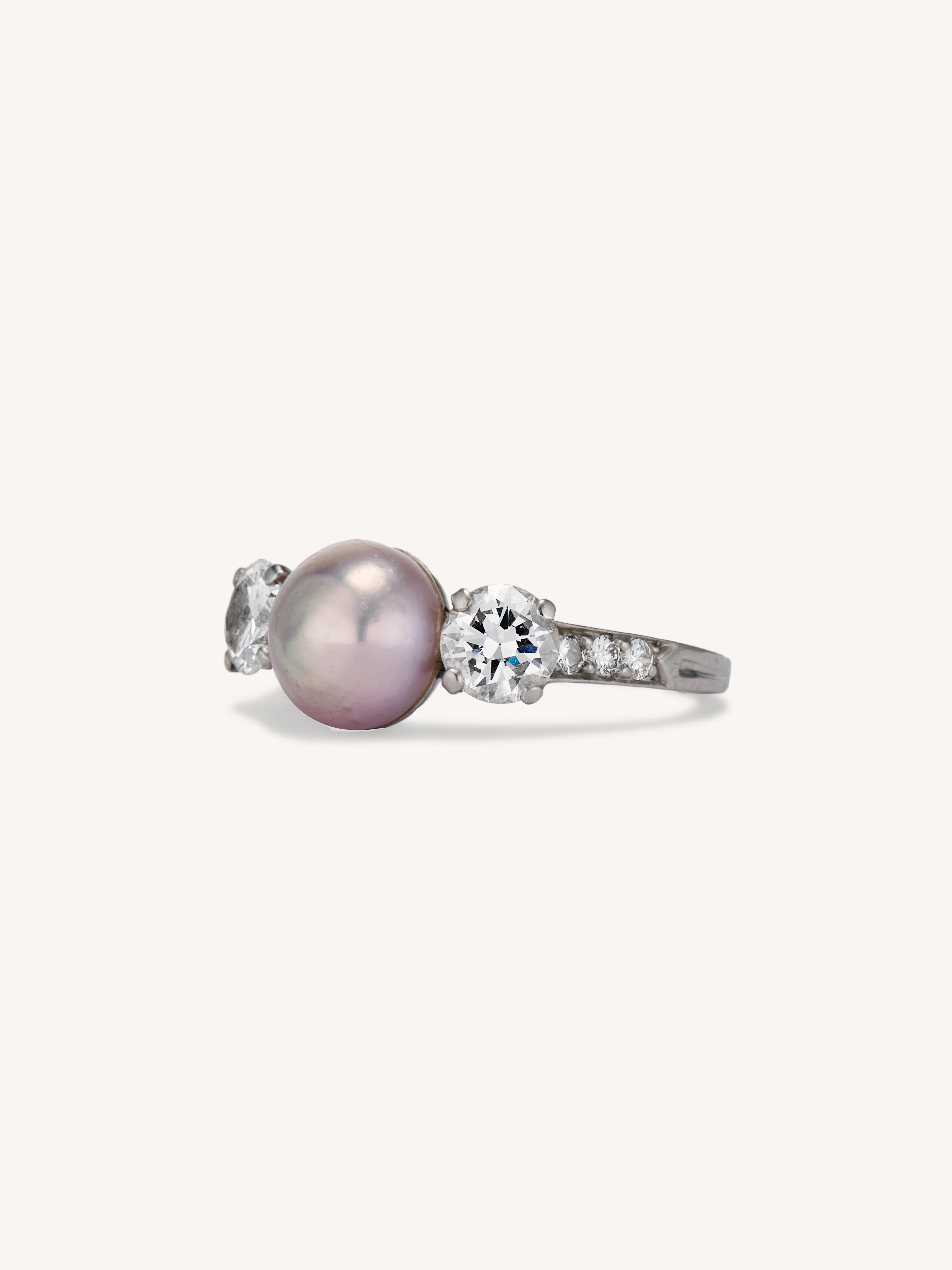 Tiffany & Co. Pearl & Diamond Three Stone Vintage Engagement Ring - Image 4