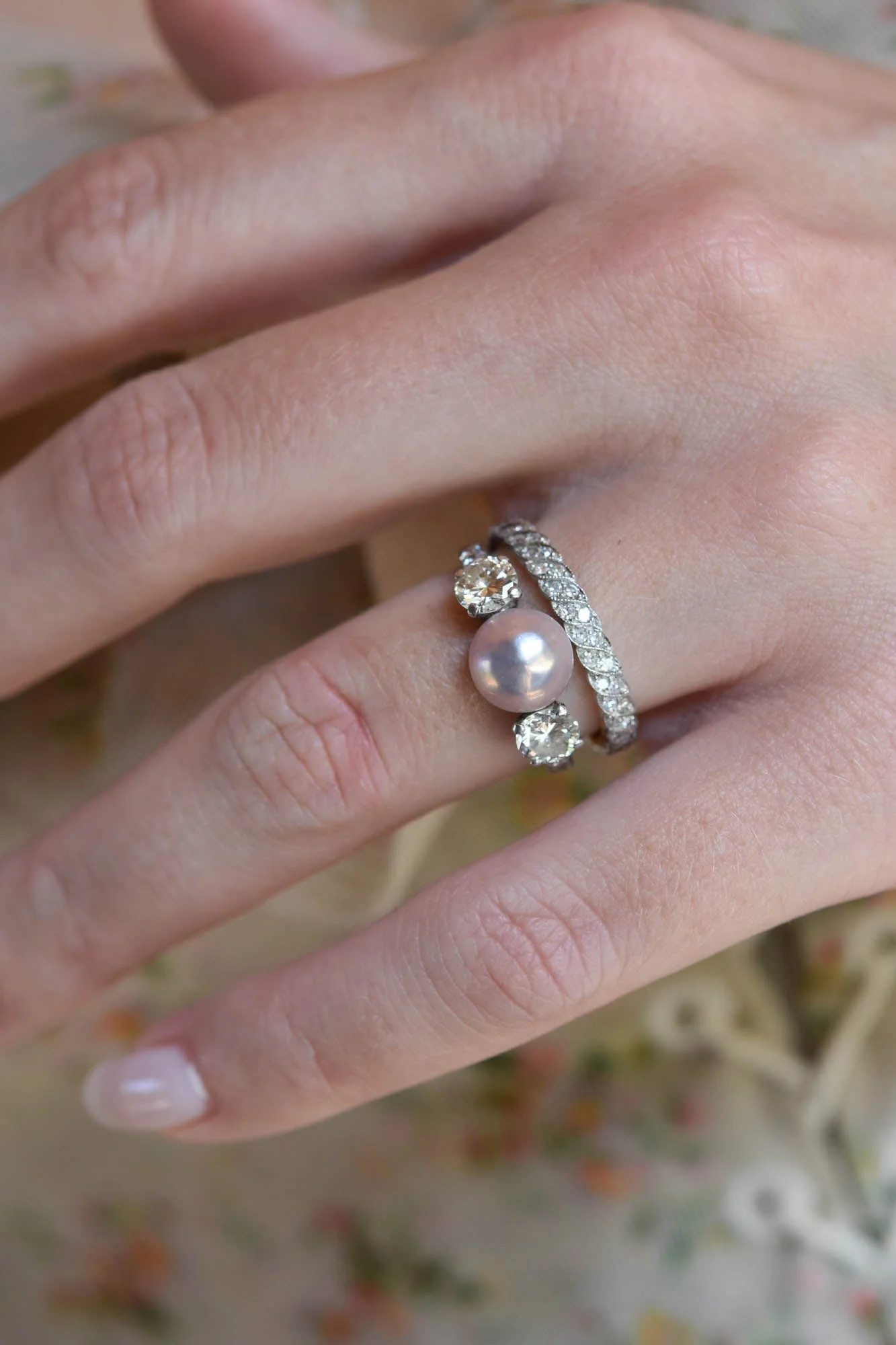 Tiffany & Co. Pearl & Diamond Three Stone Vintage Engagement Ring - Image 6