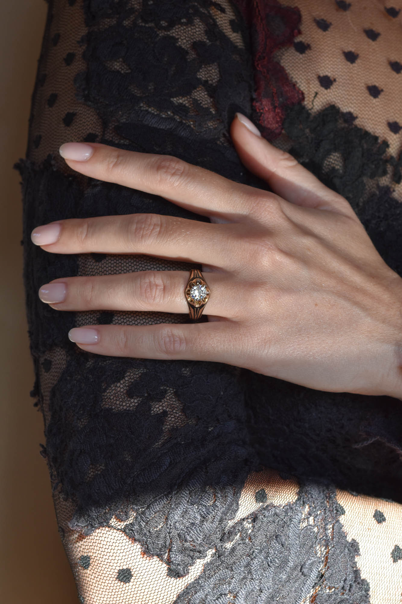 Victorian 1.07 Carat Old European Cut Diamond & Enamel Belcher Antique Engagement Ring - Image 3