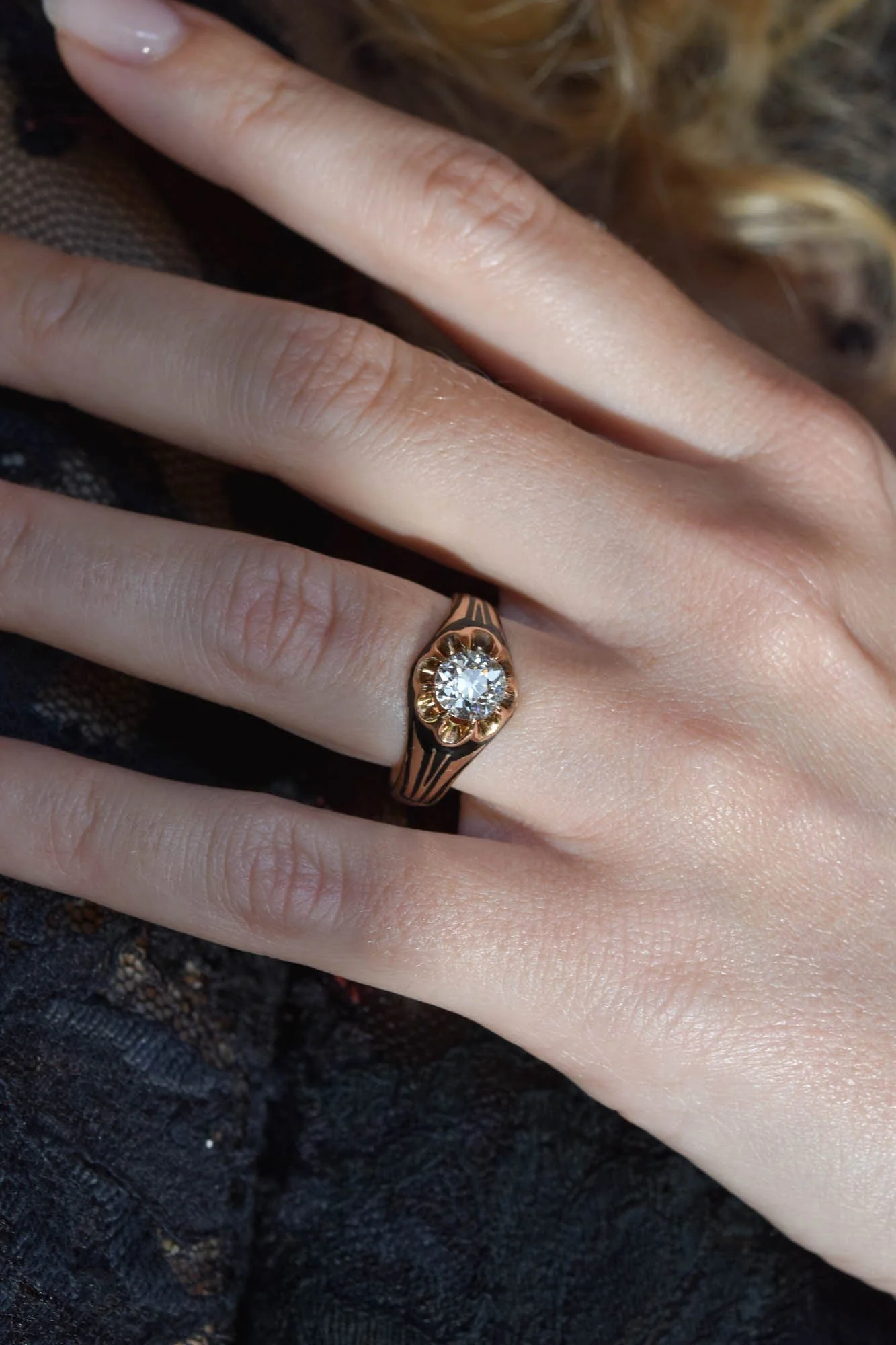 Victorian 1.07 Carat Old European Cut Diamond & Enamel Belcher Antique Engagement Ring - Image 7