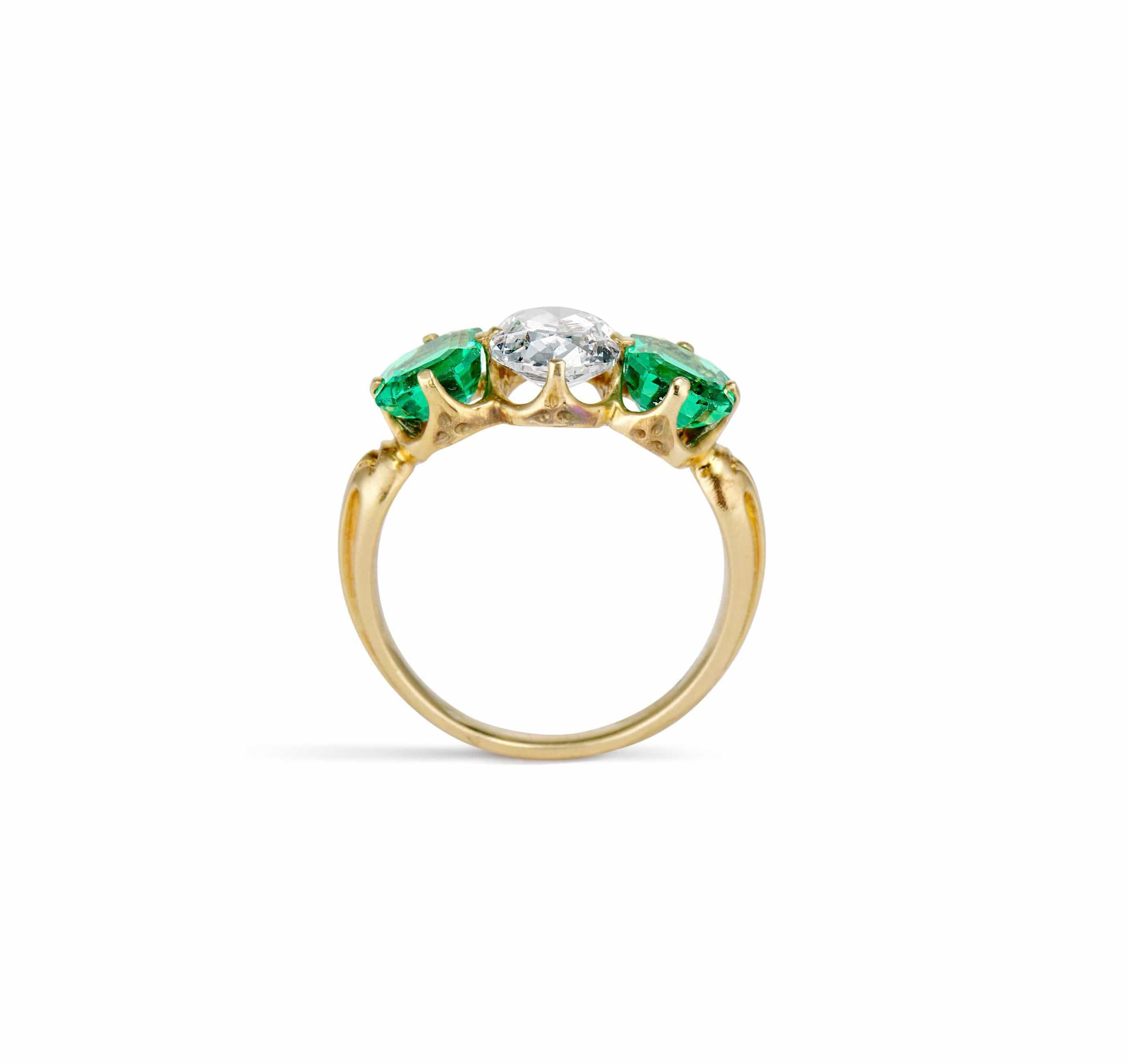 Victorian 1.16 Carat Cushion Cut Diamond and Emerald Engagement Ring - Image 4
