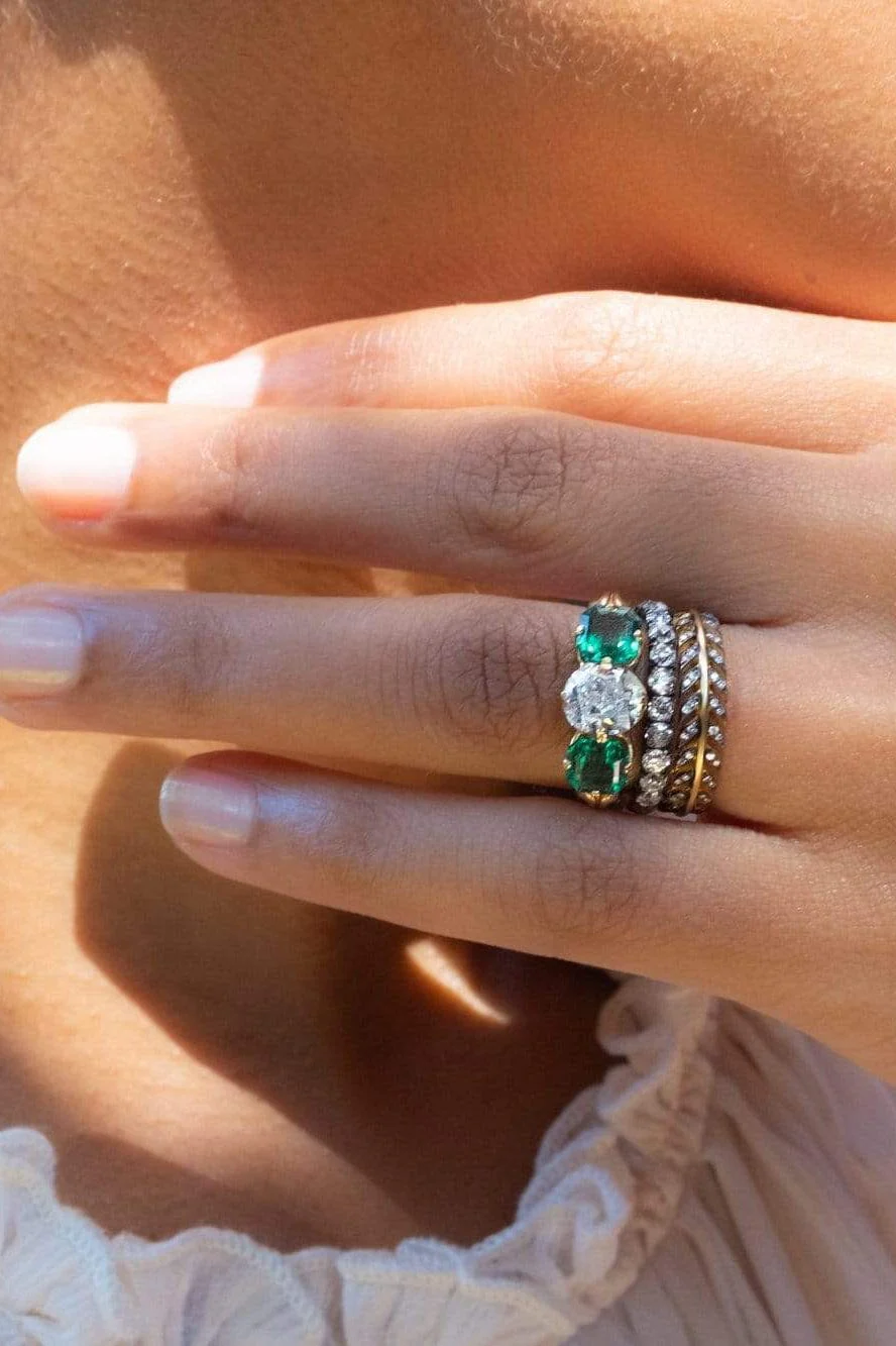 Victorian 1.16 Carat Cushion Cut Diamond and Emerald Engagement Ring - Image 6
