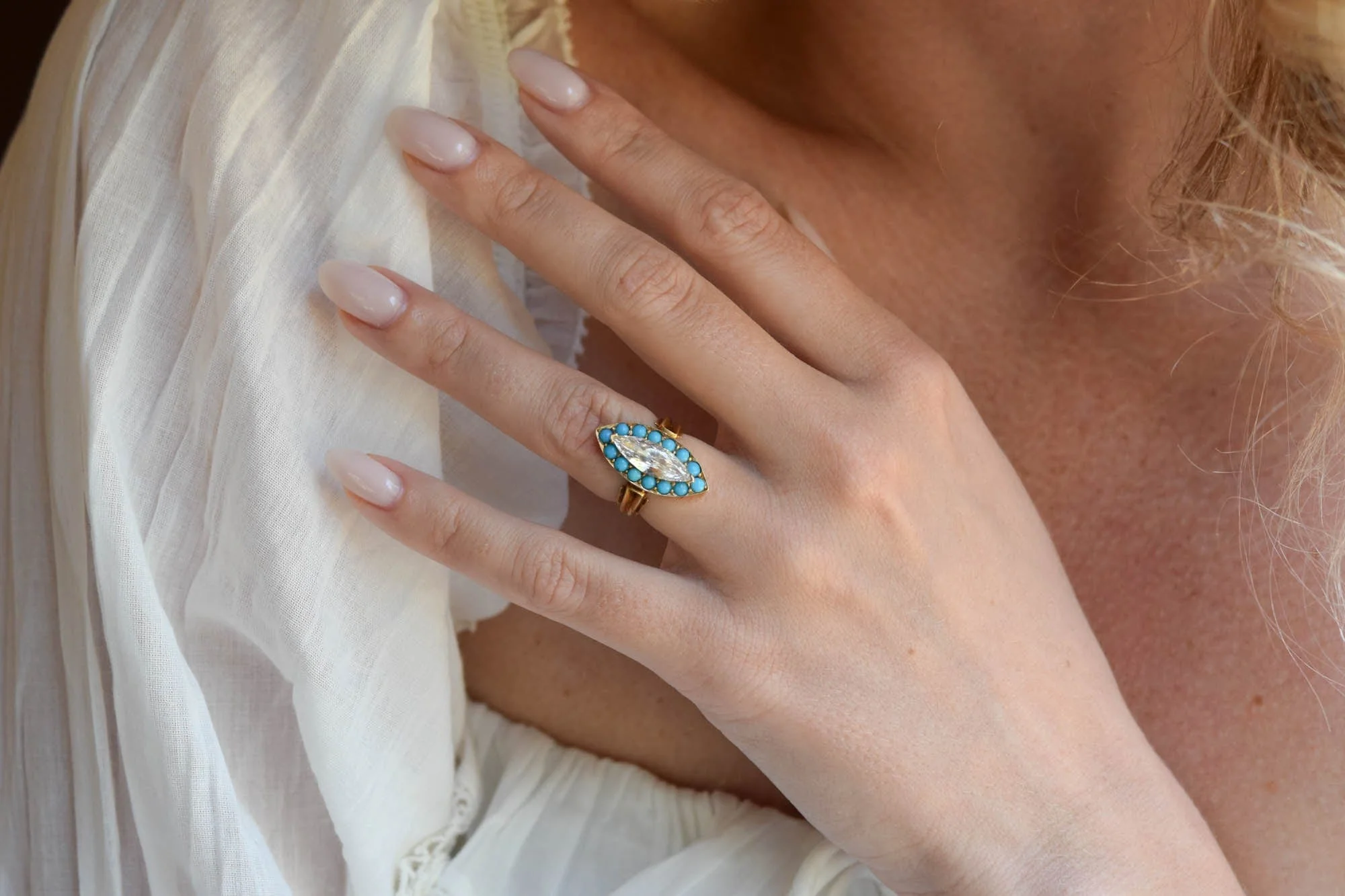 Victorian 1.31 Marquise Cut Diamond & Turquoise Navette Engagement Ring - Image 3