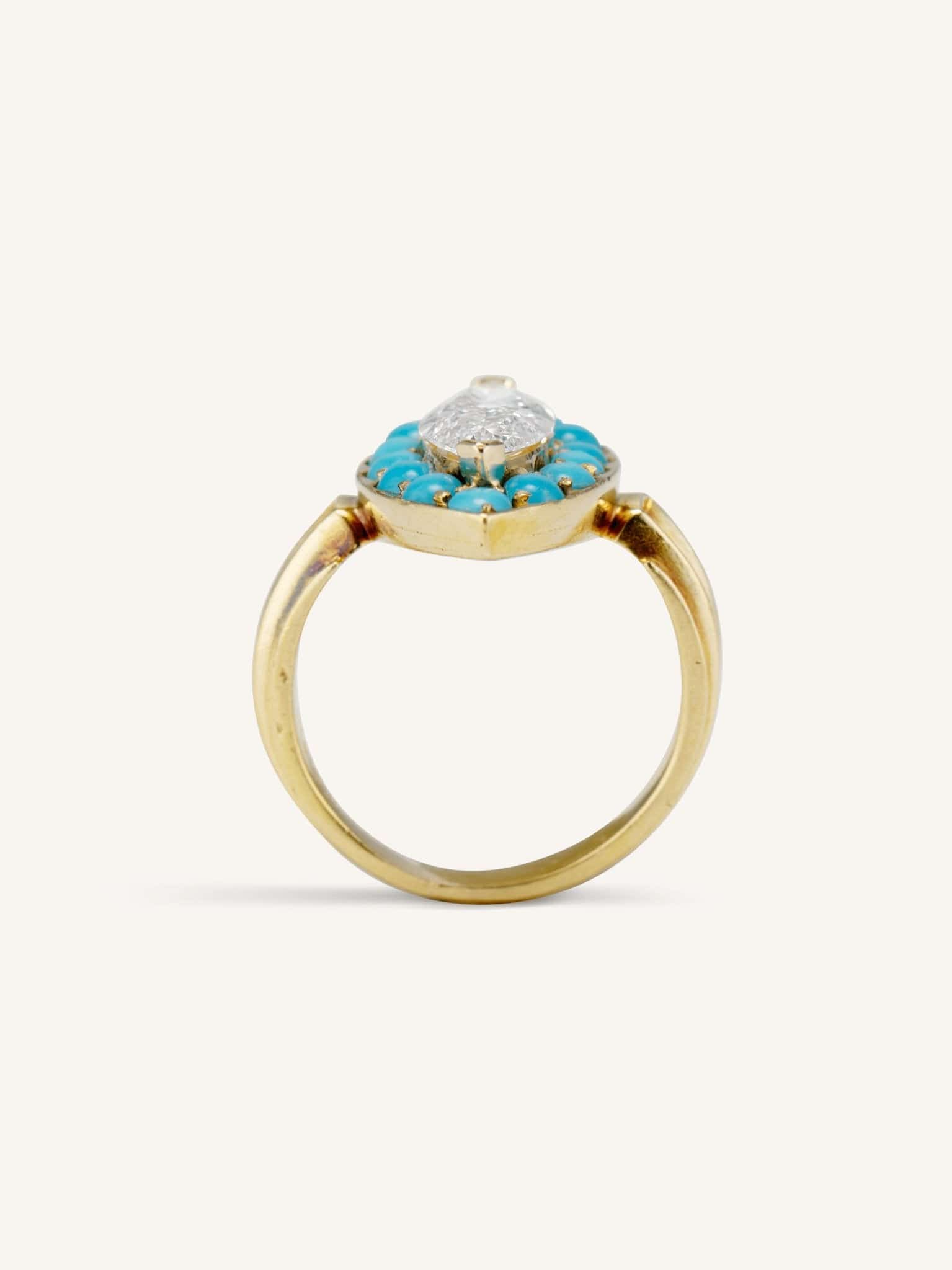Victorian 1.31 Marquise Cut Diamond & Turquoise Navette Engagement Ring - Image 6