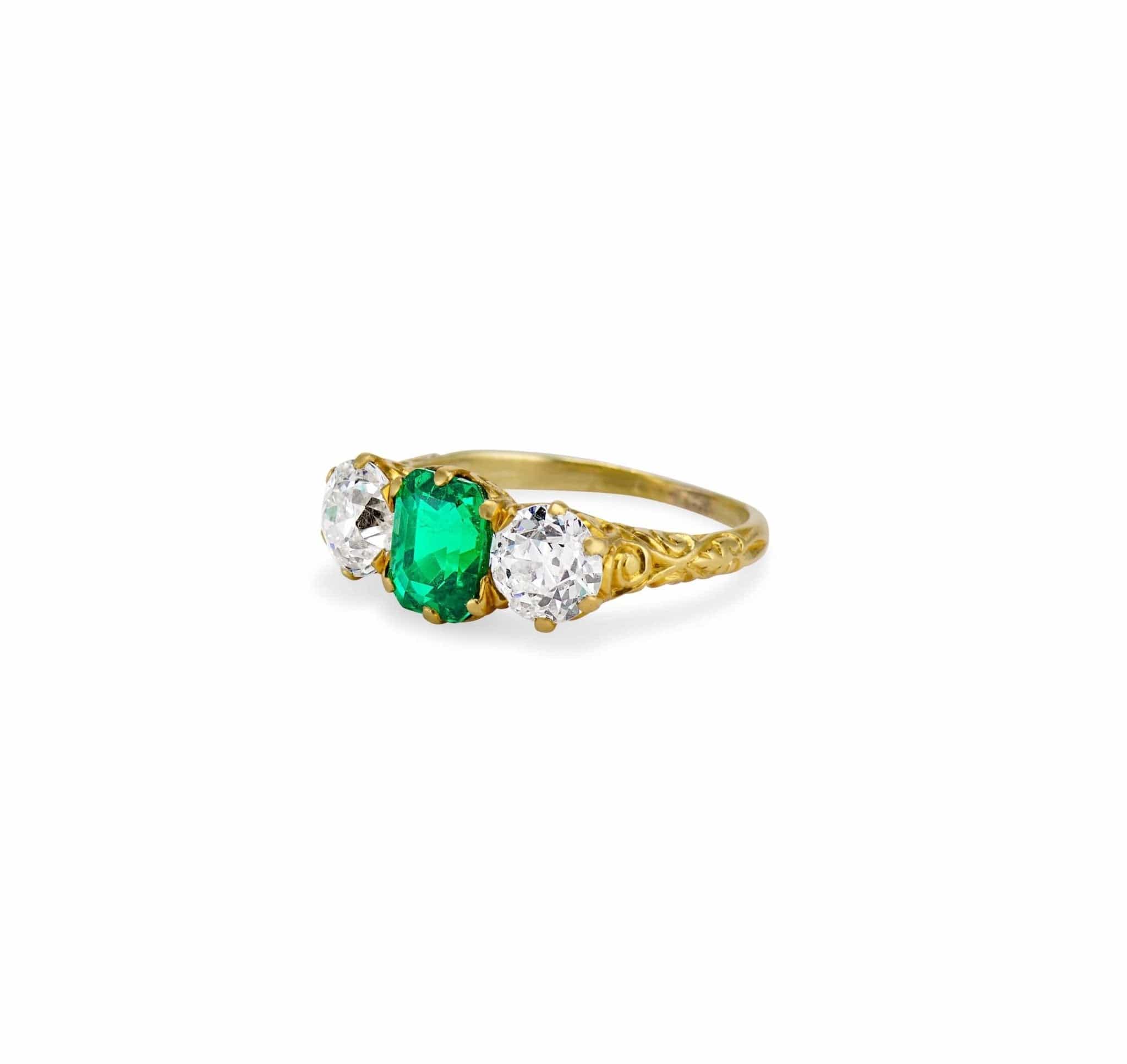 Victorian 1.48 Carat Colombian Emerald & Diamond Three Stone Carved Ring - Image 2