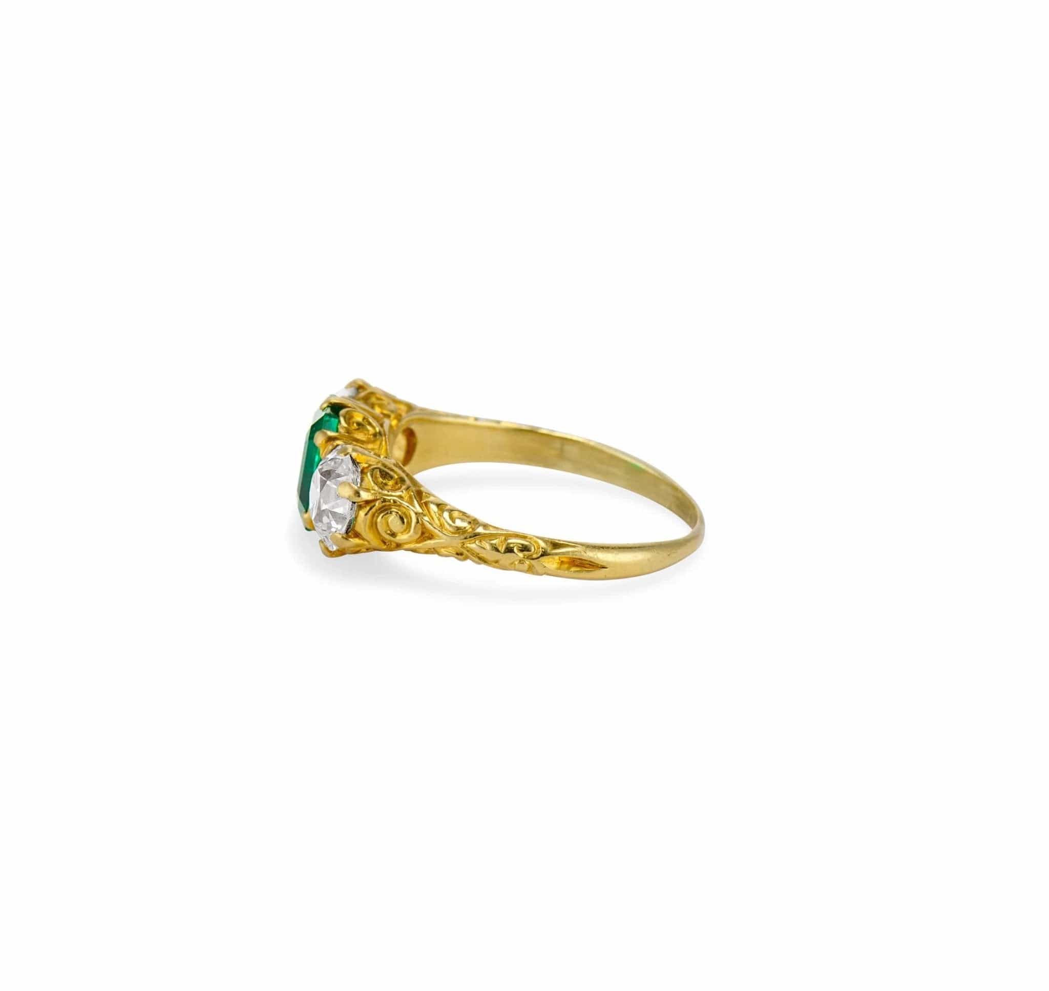 Victorian 1.48 Carat Colombian Emerald & Diamond Three Stone Carved Ring - Image 3