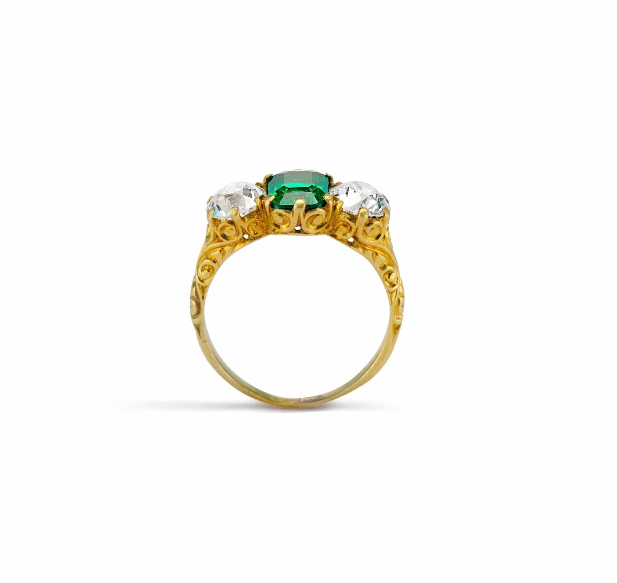 Victorian 1.48 Carat Colombian Emerald & Diamond Three Stone Carved Ring - Image 5