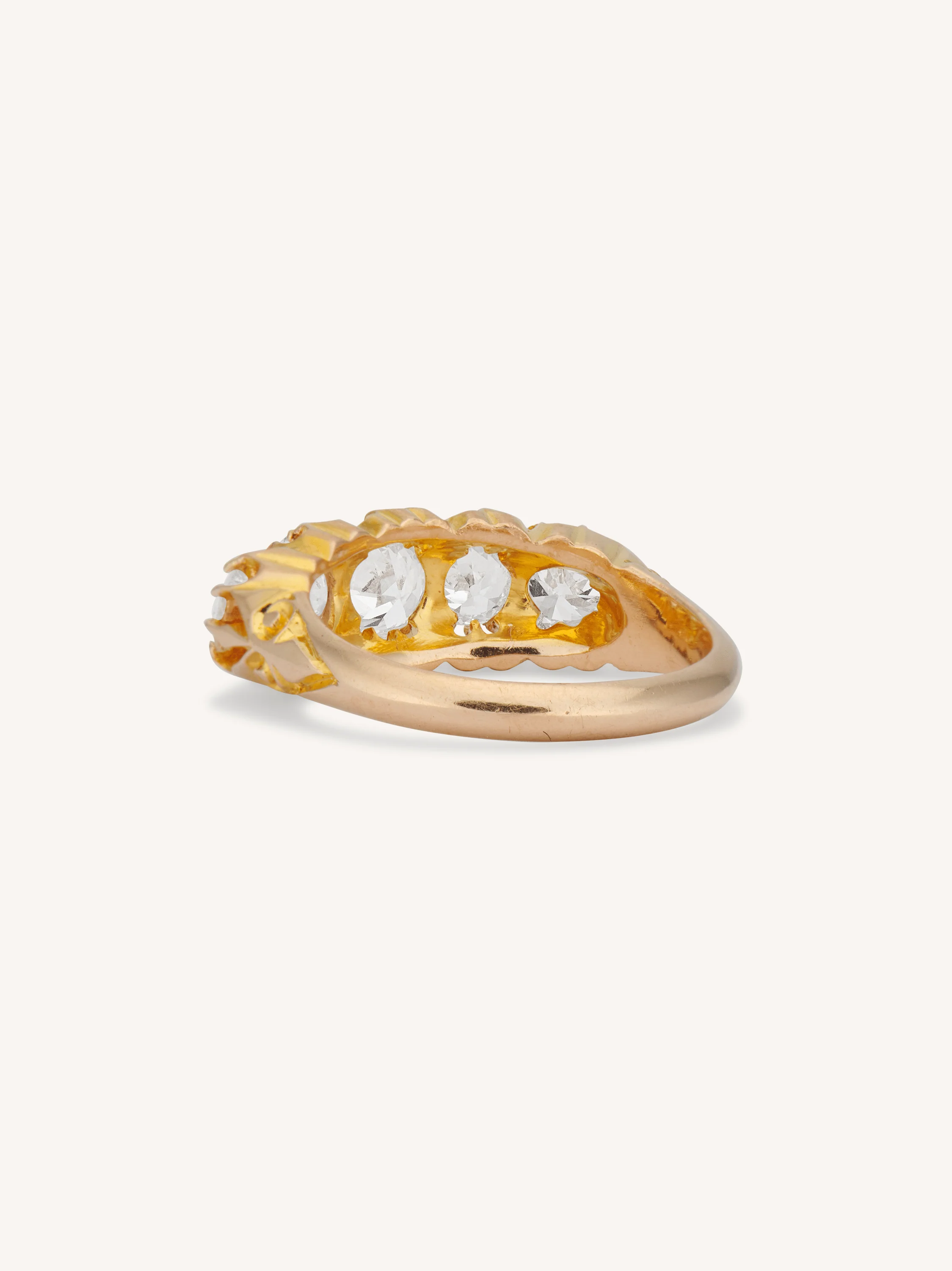 Victorian 1.56 Carat Old European Cut Diamond Five Stone Antique Carved Half Band Ring, England - Image 5