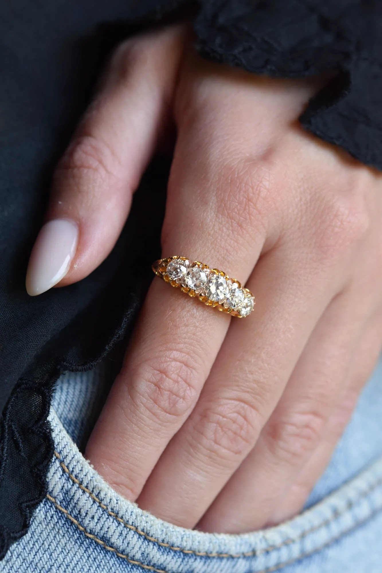 Victorian 1.56 Carat Old European Cut Diamond Five Stone Antique Carved Half Band Ring, England - Image 6