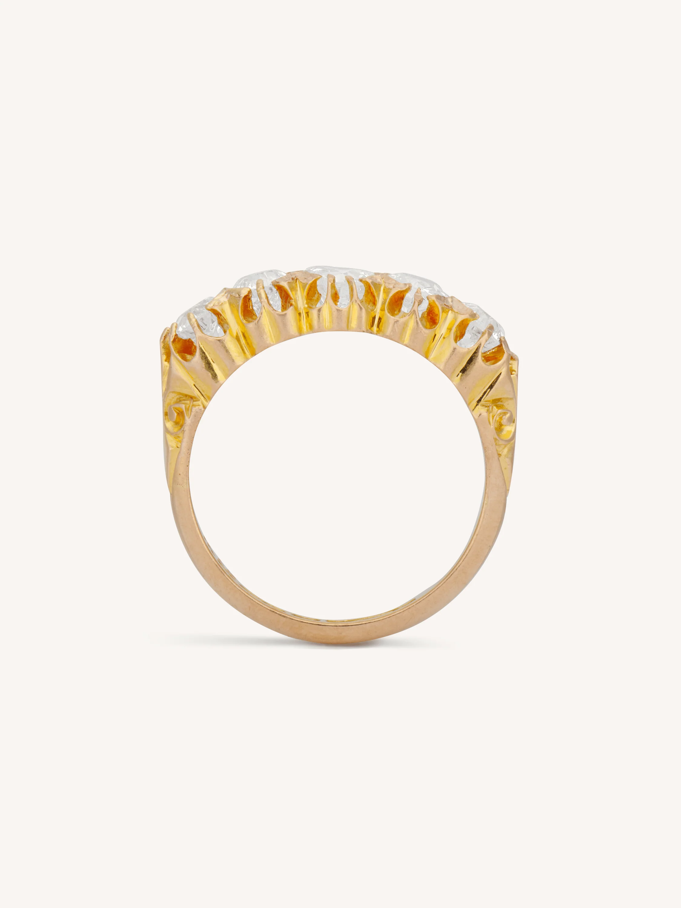 Victorian 1.56 Carat Old European Cut Diamond Five Stone Antique Carved Half Band Ring, England - Image 7