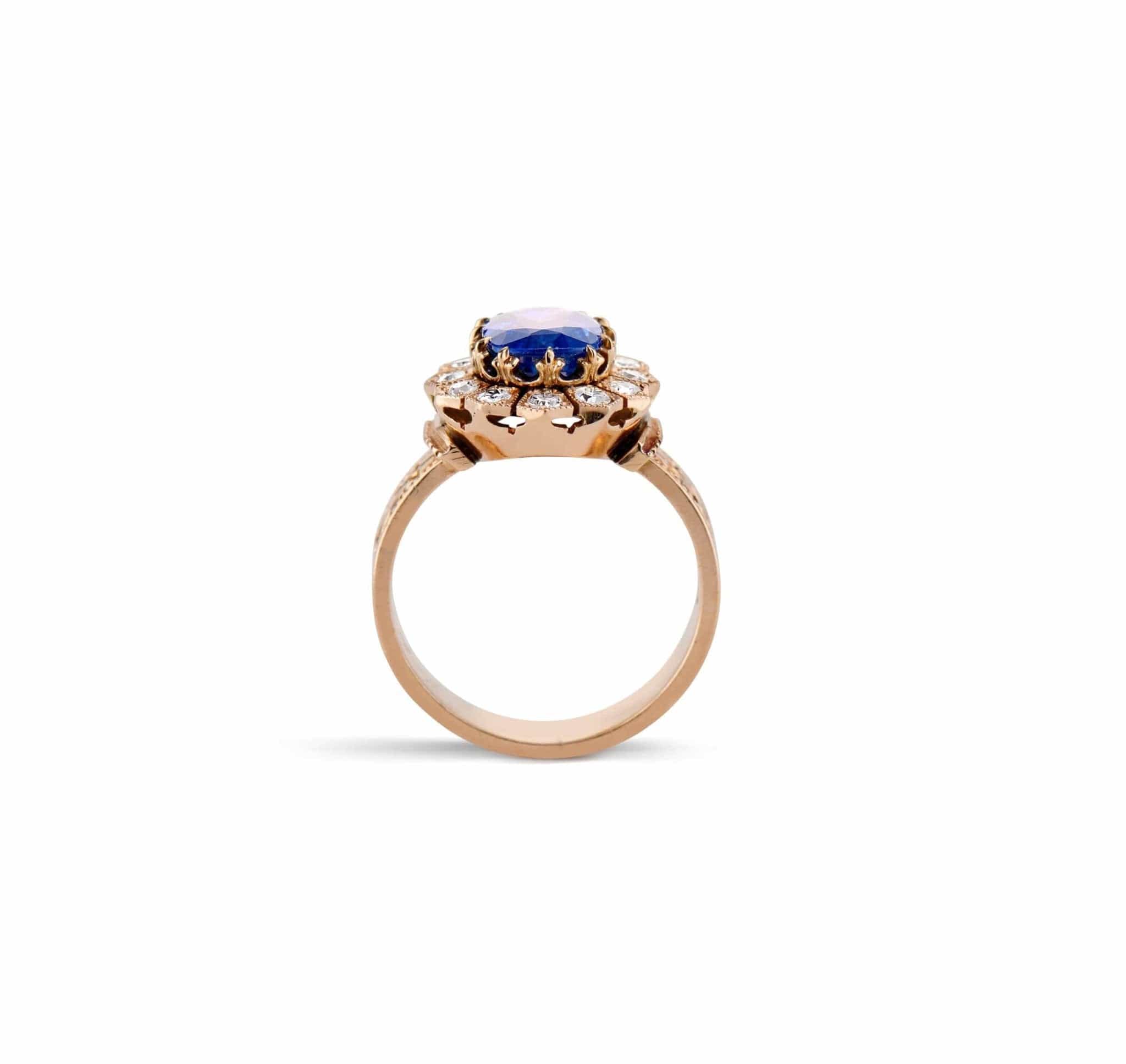 Victorian 2.12 Carat Cushion Untreated Burmese Sapphire and Diamond Engagement Ring - Image 4