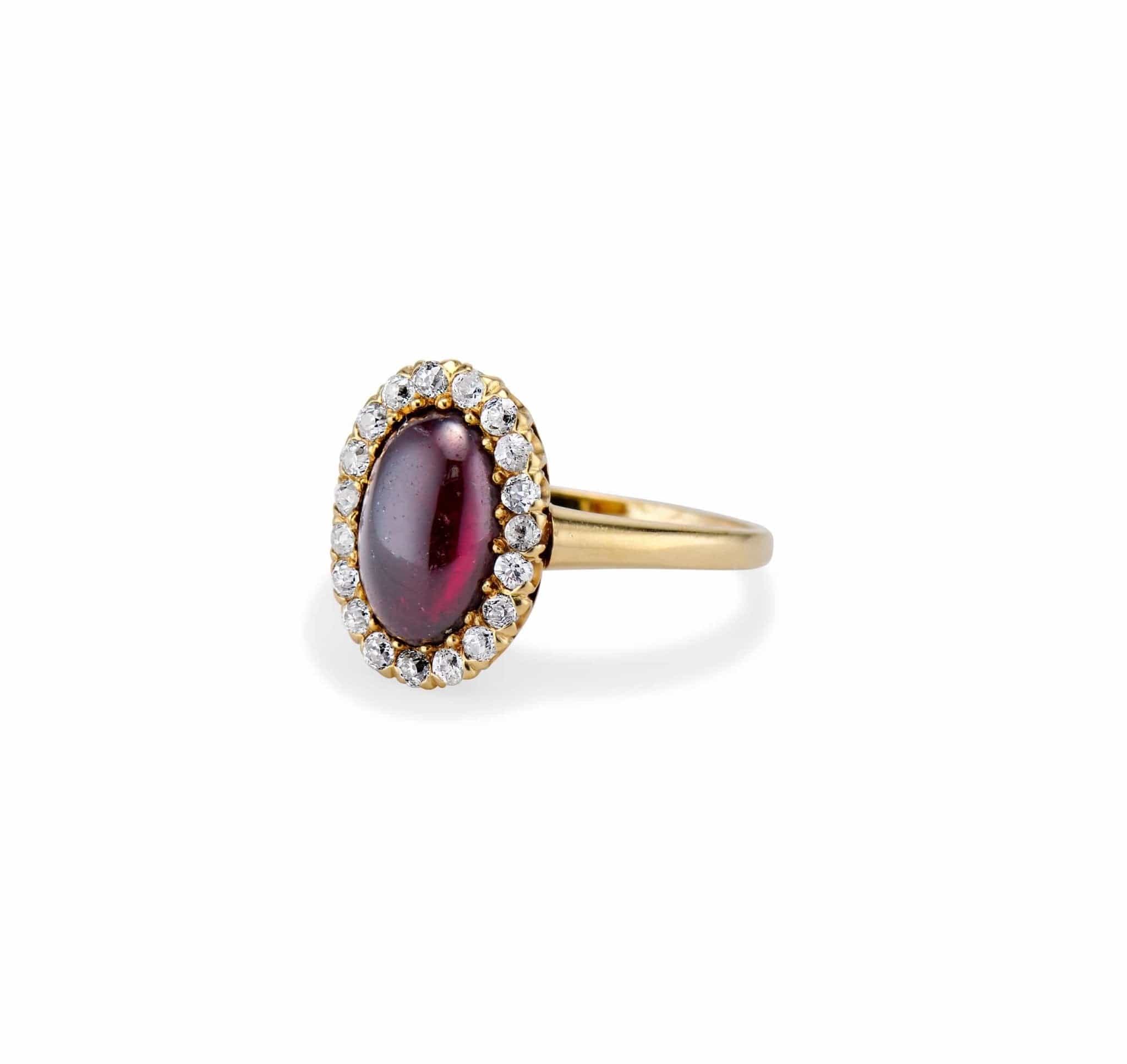 Victorian 2.80 Carat Oval Cabochon Garnet and Diamond Cluster Engagement Ring - Image 2