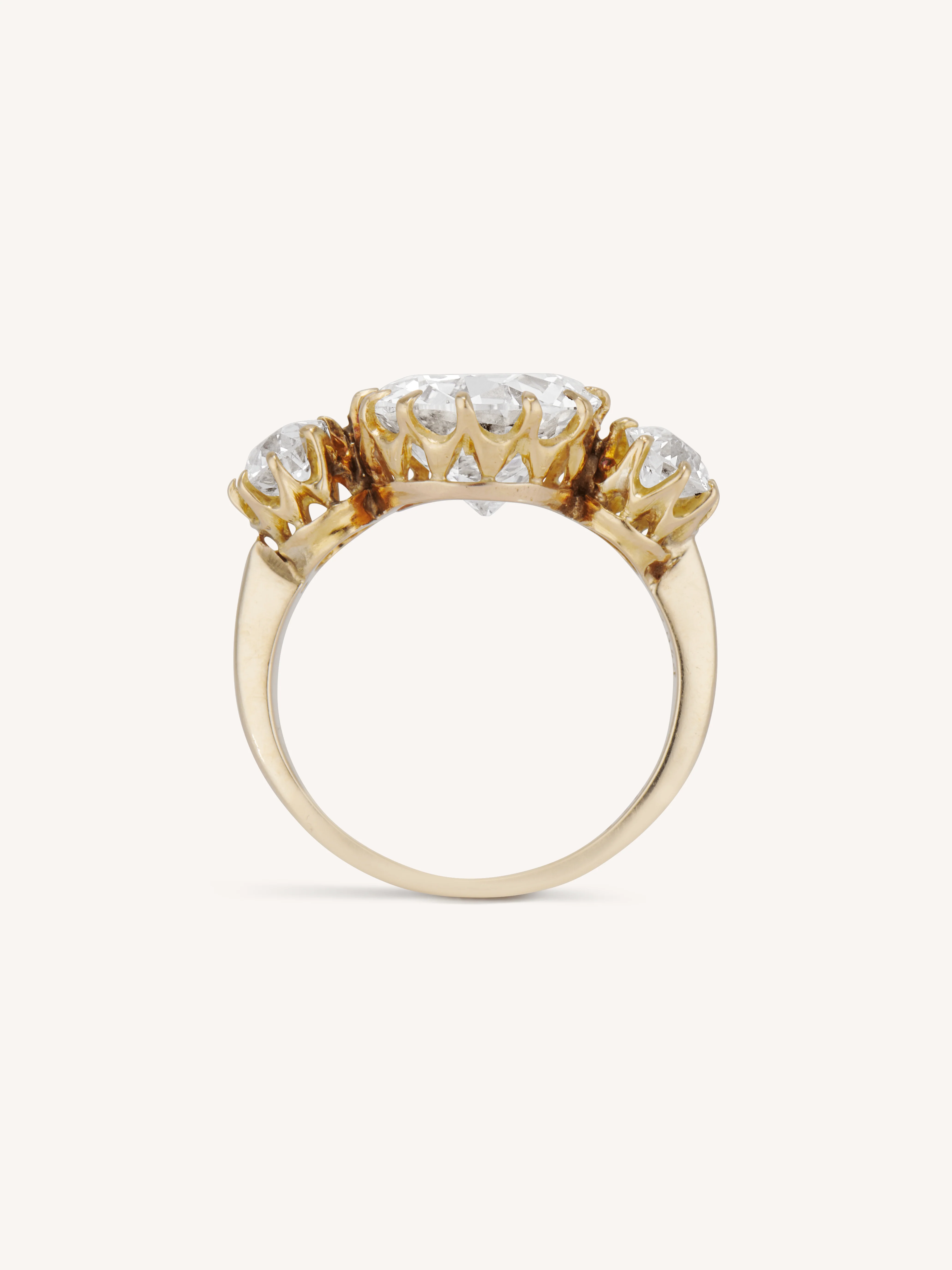 Victorian 3.04 Carat Three Stone Antique Old European Diamond Gold Engagement Ring - Image 7