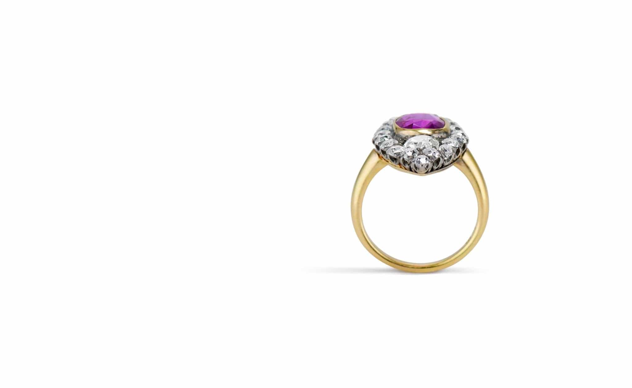 Victorian 3.93 Purplish Pink Elongated Cushion-Cut Sapphire Navette Ring - Image 4