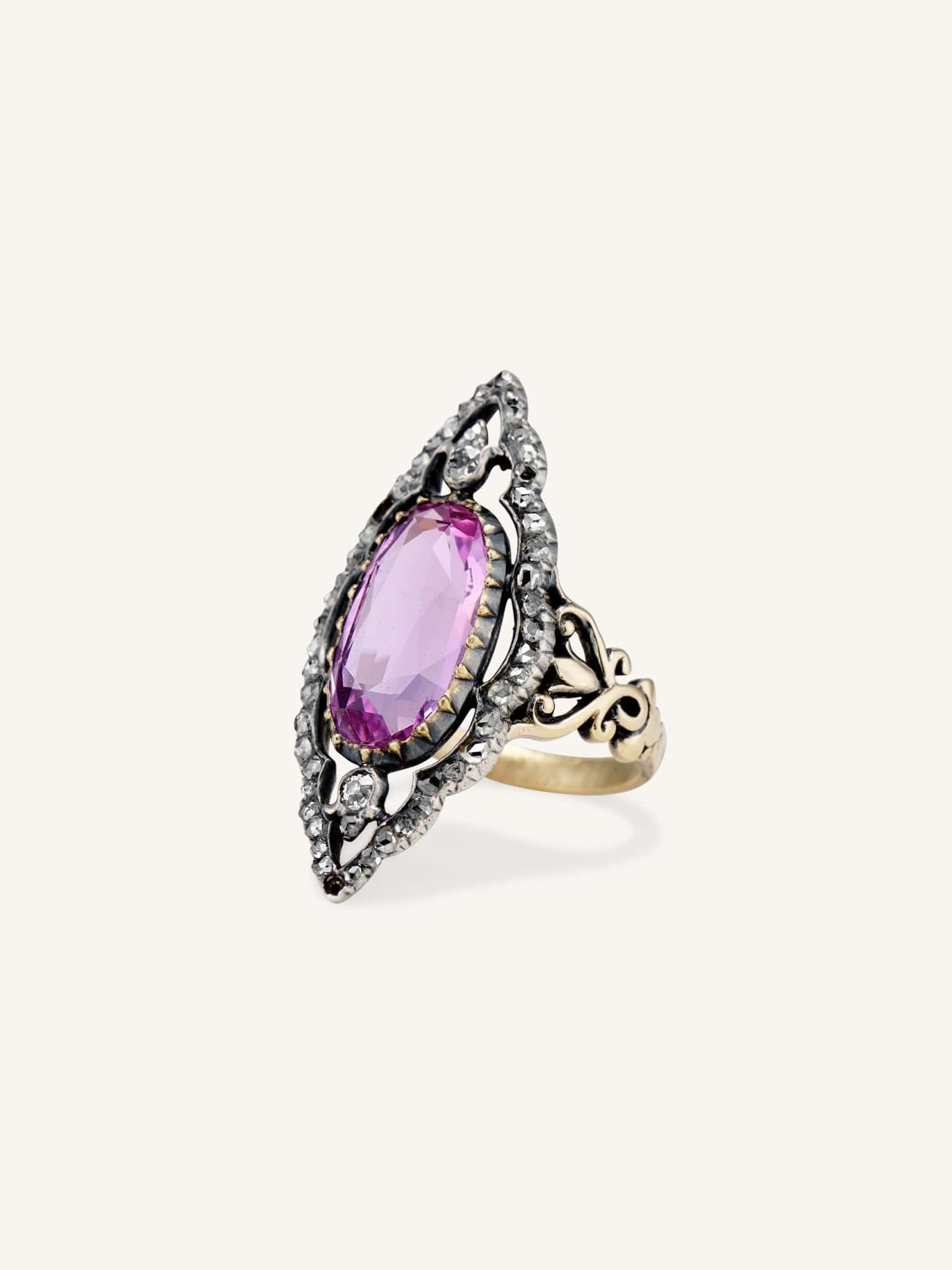 Victorian 5.45 Carat Oval Cut Pink Topaz & Diamond Dinner Ring, France - Image 2