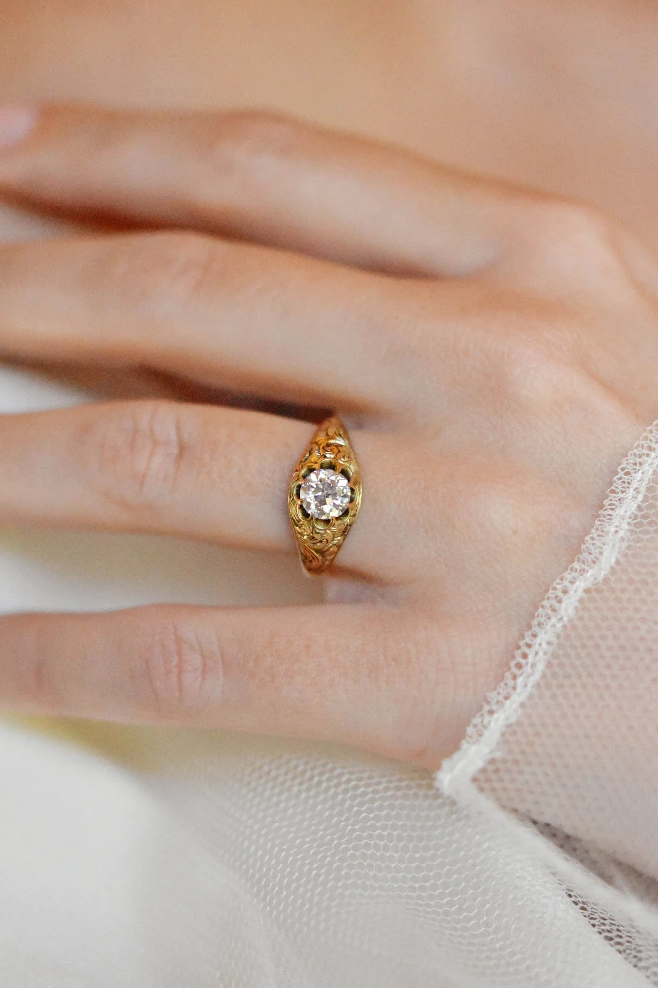 Victorian .90 Carat Engraved Belcher Carved Gold Belcher Antique Engagement Ring - Image 2
