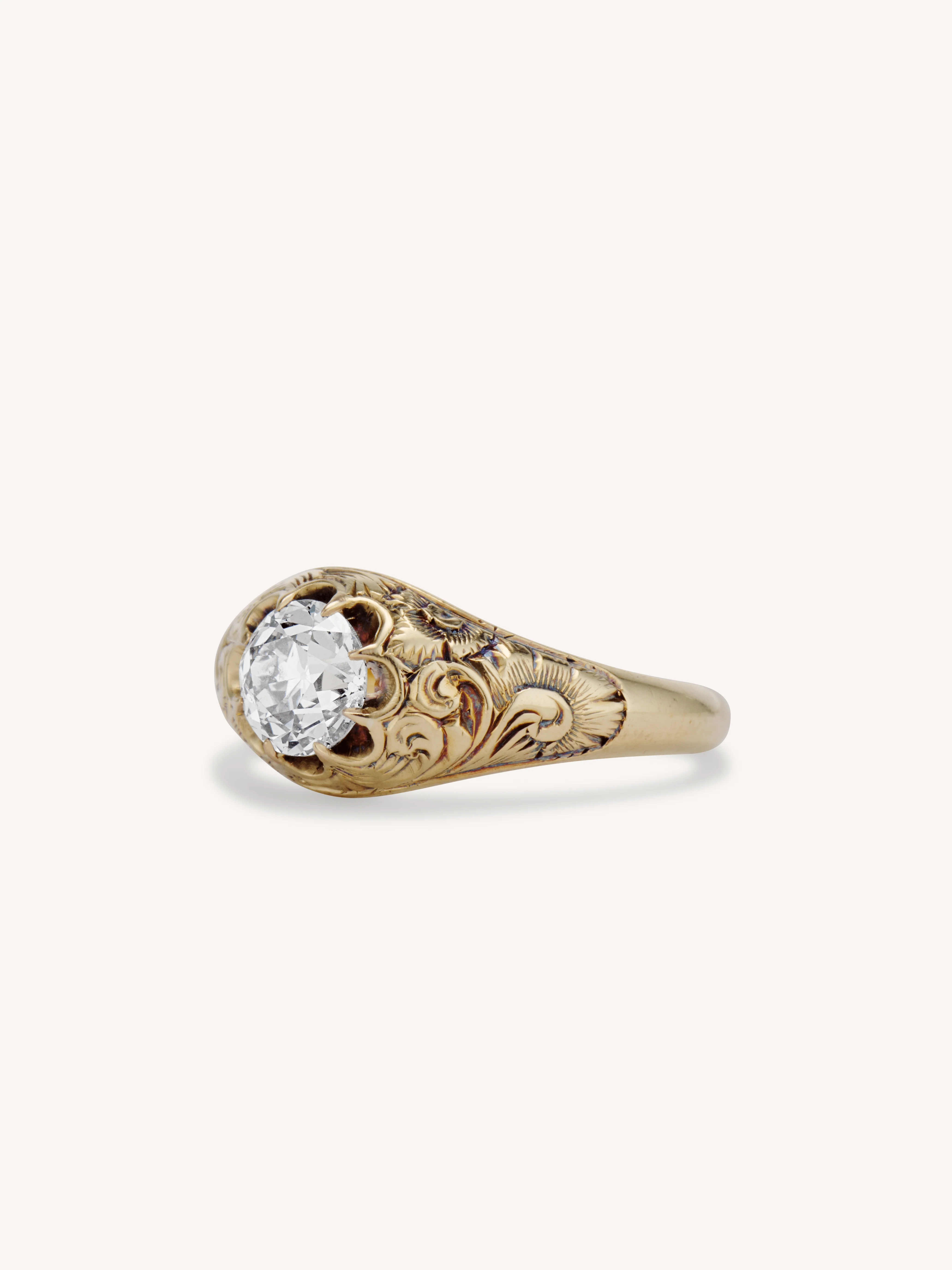 Victorian .90 Carat Engraved Belcher Carved Gold Belcher Antique Engagement Ring - Image 4